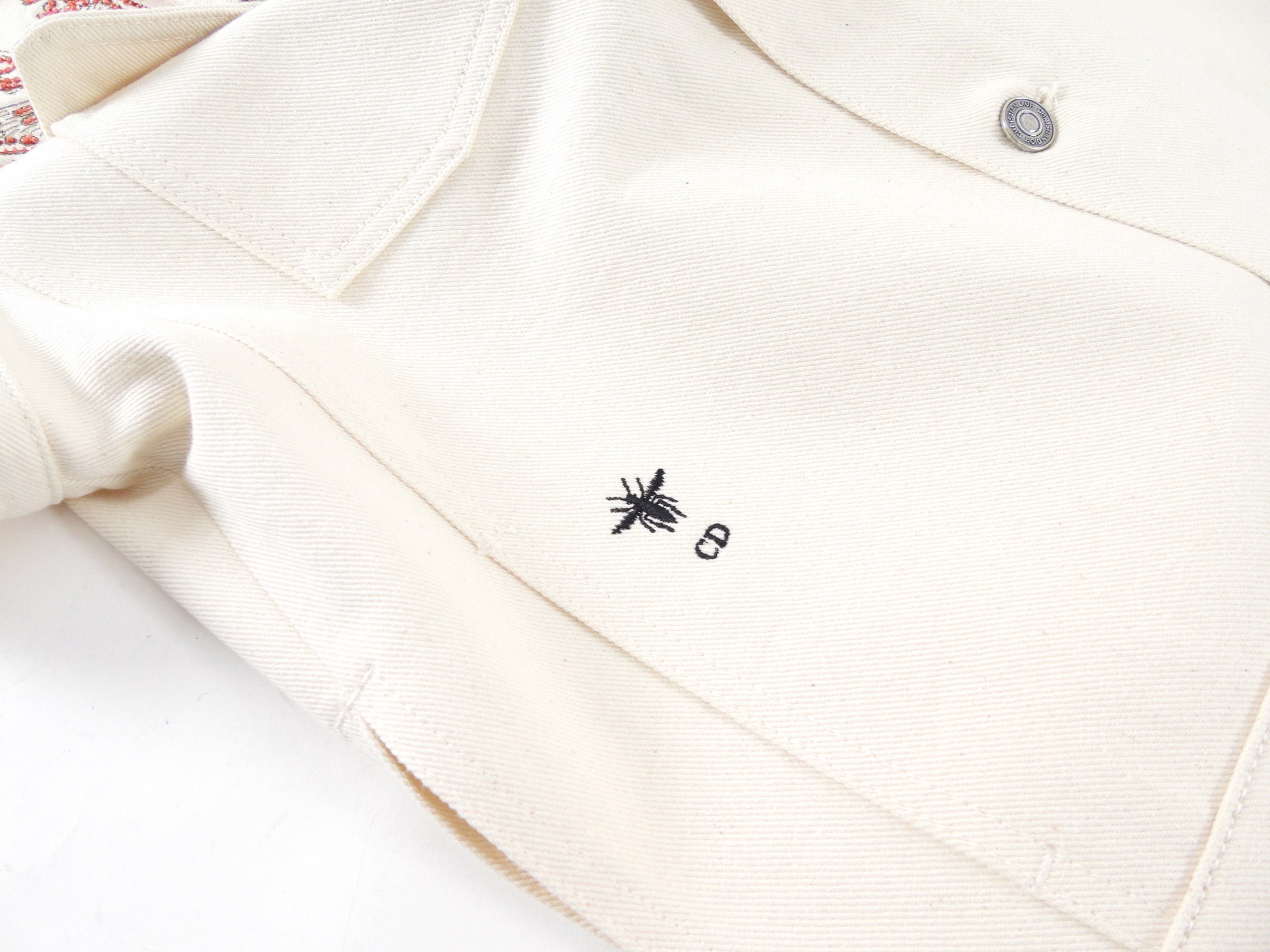 Dior Ivory Denim Jacket with Coral Butterfly Bead Detail - Size FR38 / US6 - Perfect for Spring Fashion & Casual Outfits