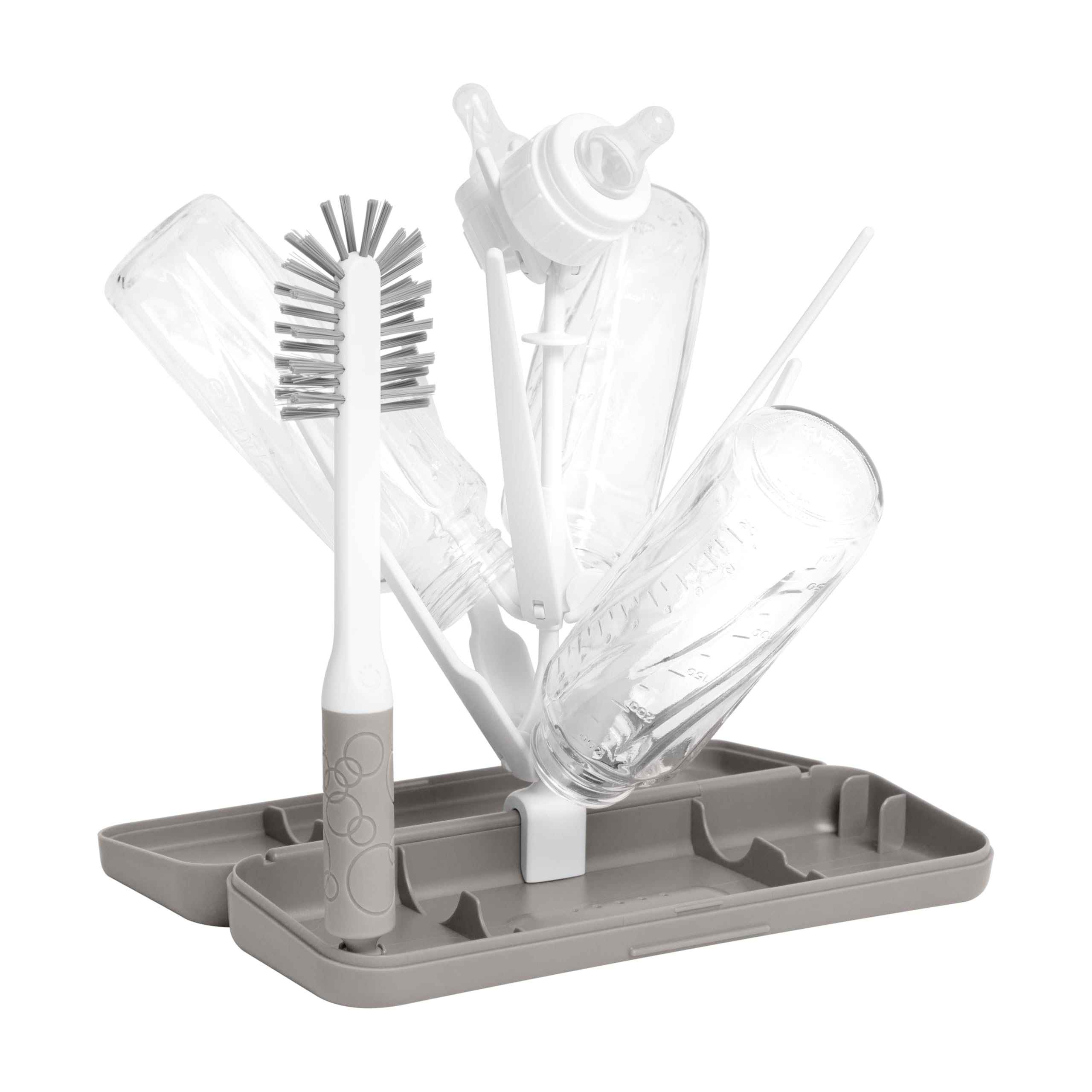 Ubbi On-The-Go Baby Bottle Drying Rack & Brush Set with Travel Case - Compact Storage for 8 Bottles - Taupe - Perfect for Travel, Daycare & On-the-Go Parents