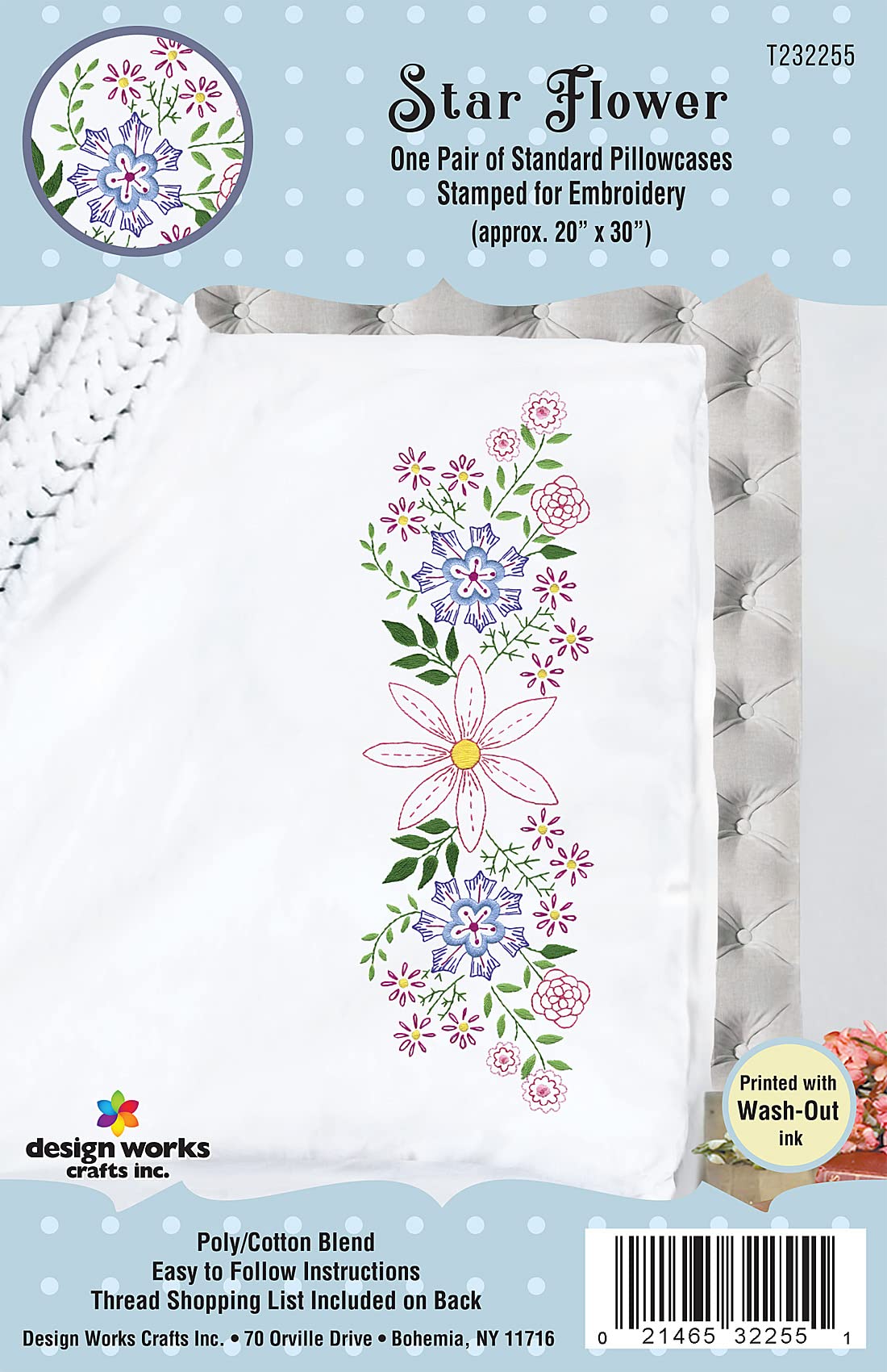 Tobin Star Flowers Embroidery Stamped Pillowcases - Premium Cotton for DIY Sewing & Home Decor