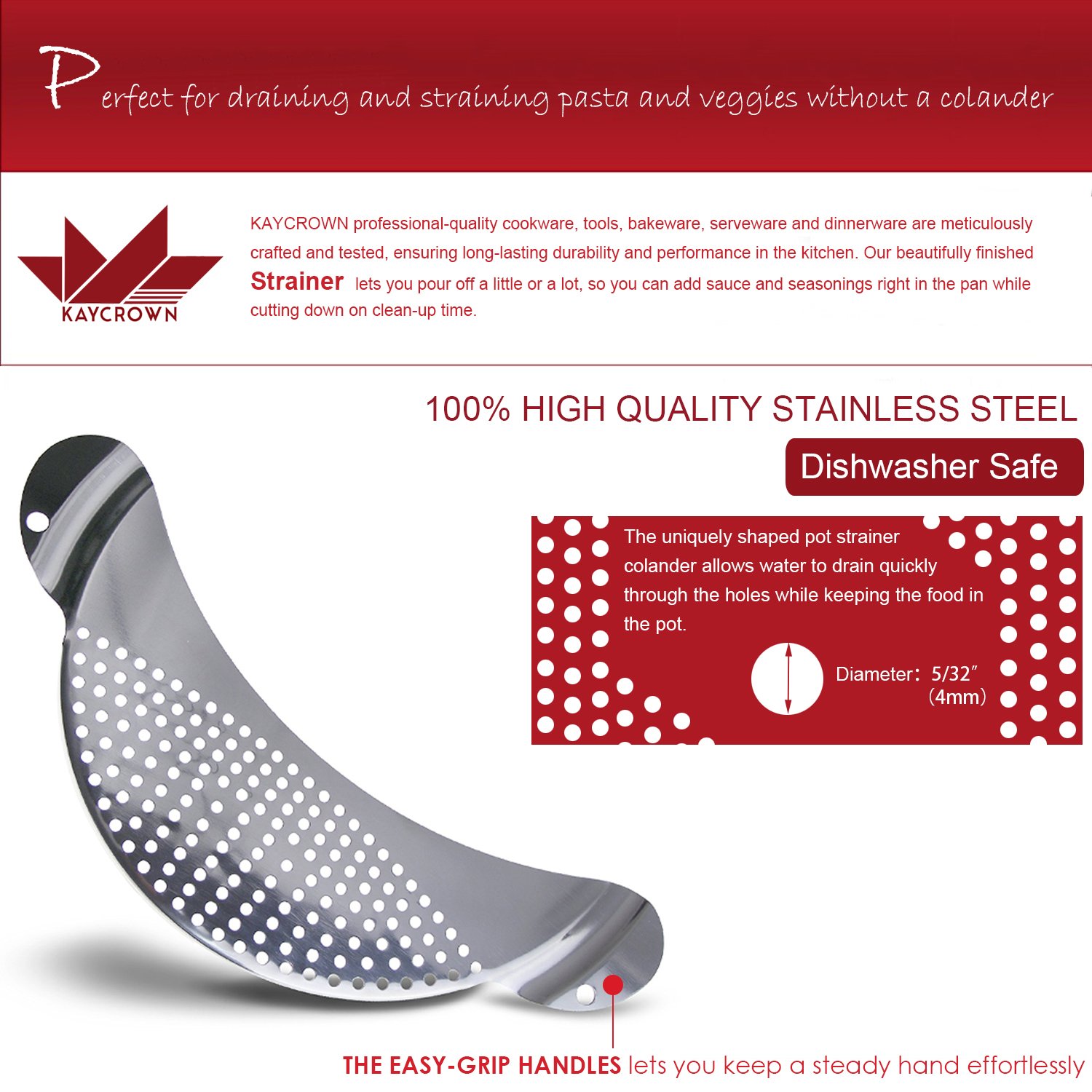 Premium Stainless Steel Pasta Strainer & Colander - 10 Inch Universal Fit for Pots, Perfect for Draining Spaghetti, Vegetables & More - Ideal for Home Kitchens & Professional Cooking