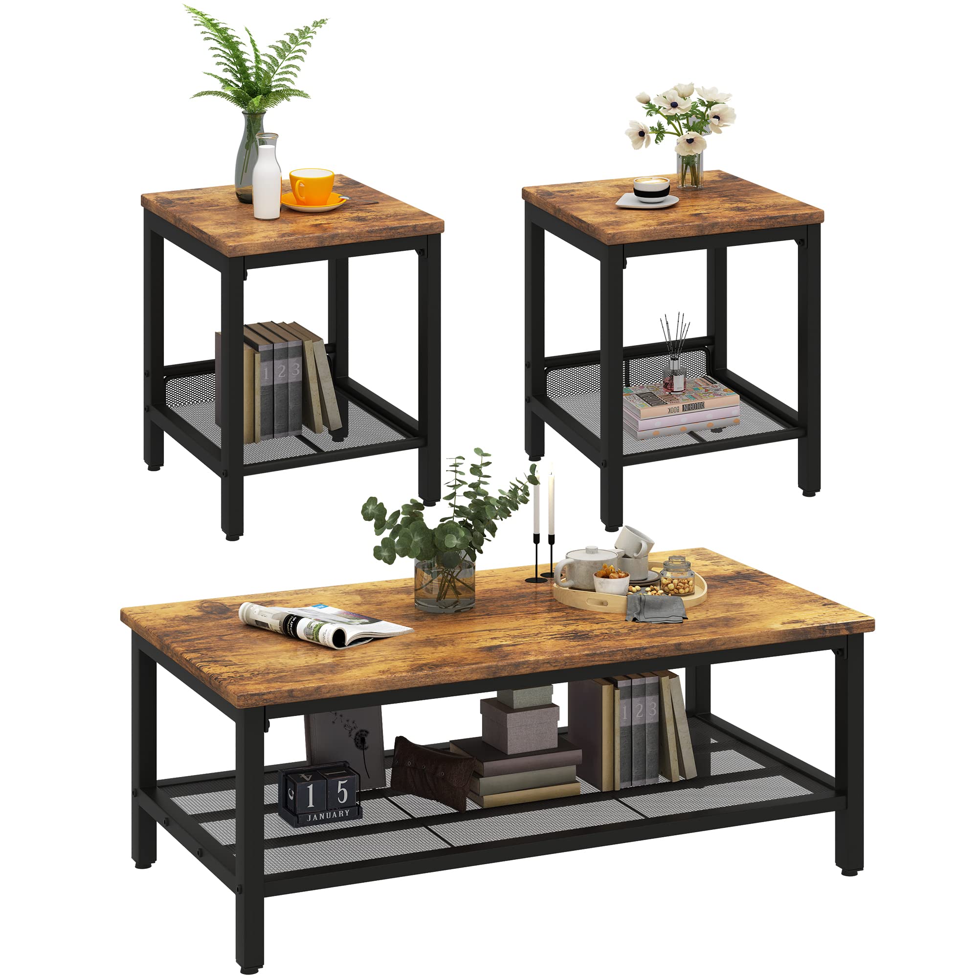 Lamerge 3-Piece Industrial Coffee Table Set with Metal Frame - Rustic Brown Living Room Tables (Coffee Table + 2 Square End Tables) for Apartment, Home Office & Modern Farmhouse Decor | Perfect for Small Spaces, Entertaining Guests & Stylish Home Furnishing