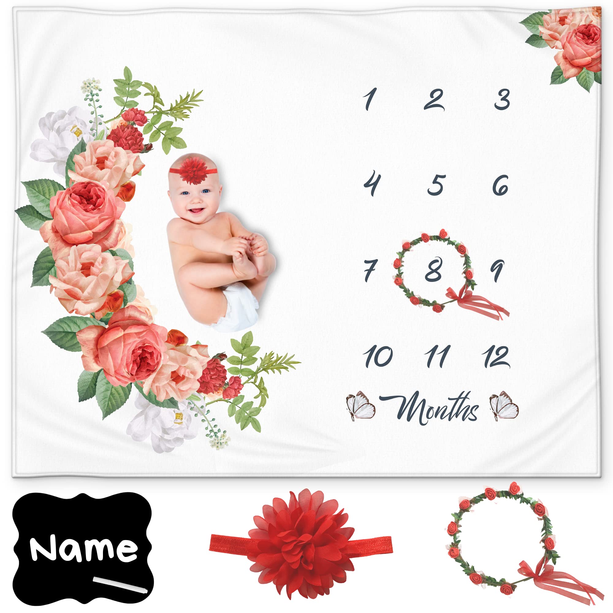 Kemina Baby Milestone Blanket - Neutral Monthly Milestone Blanket for Boys & Girls, Soft Nursery Decor for Baby Showers, Newborn Photography & First Birthday Gifts (Floral Red Design)