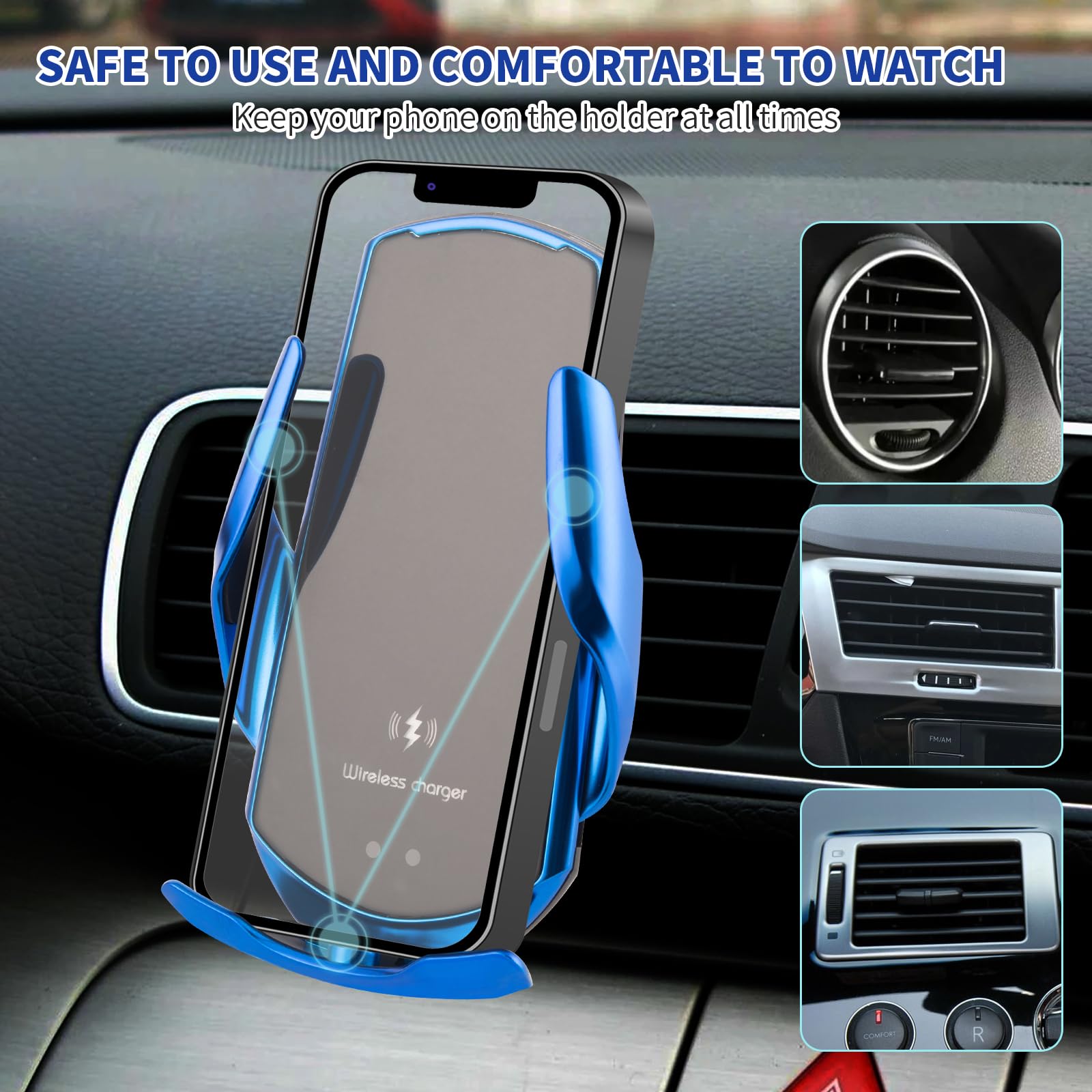 15W Fast Wireless Car Charger - Auto-Clamping Vent Mount Phone Holder for iPhone & Android - Red - Perfect for Commuting & Road Trips