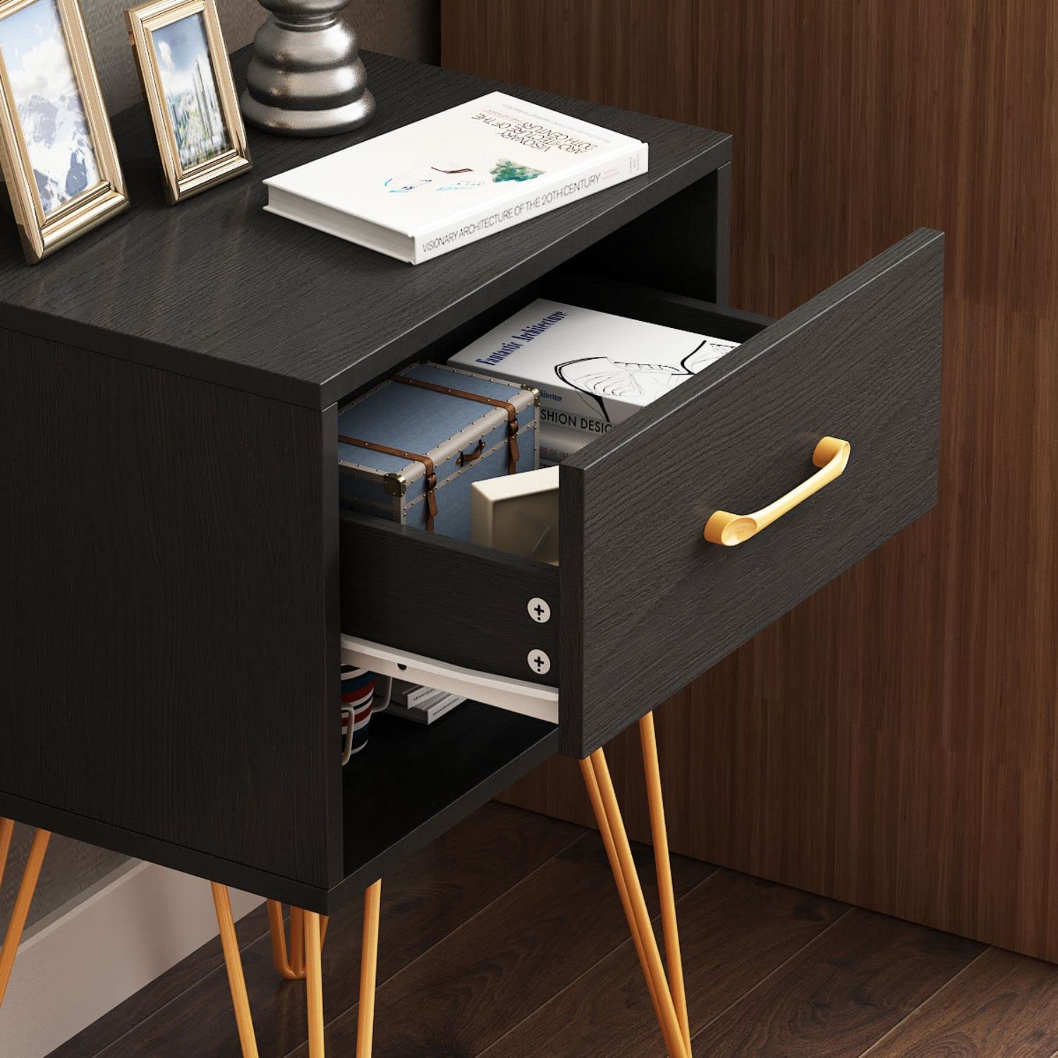 FAMAPY Industrial Nightstand Set of 2 - Modern Bedside Tables with Drawer & Shelf, Black Finish & Gold Metal Legs (15.7”W x 11.8”D x 23.6”H) - Perfect for Bedroom, Living Room, or Office Side Tables