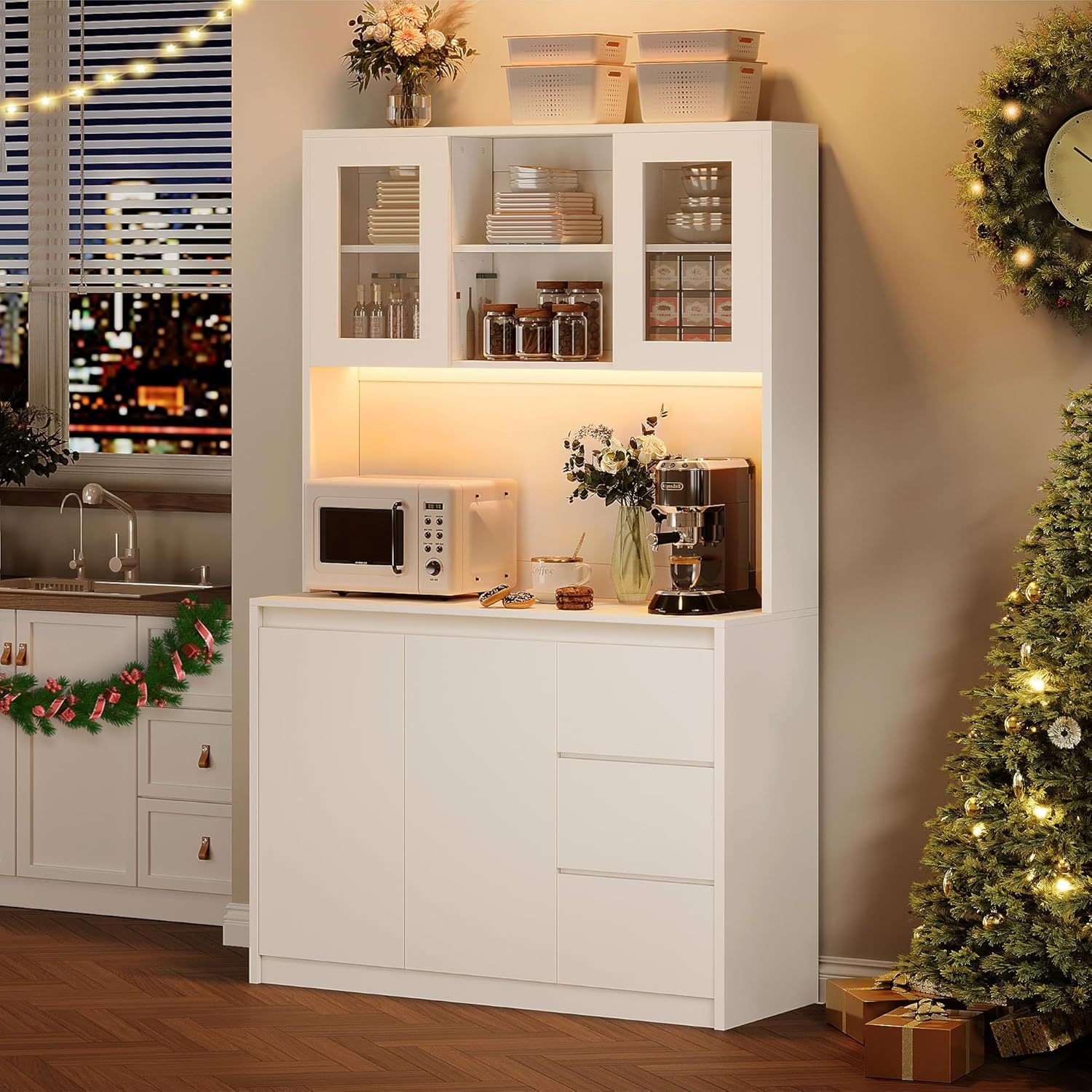 Modern White Kitchen Pantry Cabinet with LED Lights - Charging Station & Microwave Stand - Tall Buffet Cabinet with Countertop - Perfect for Small Kitchens, Dining Rooms & Home Organization