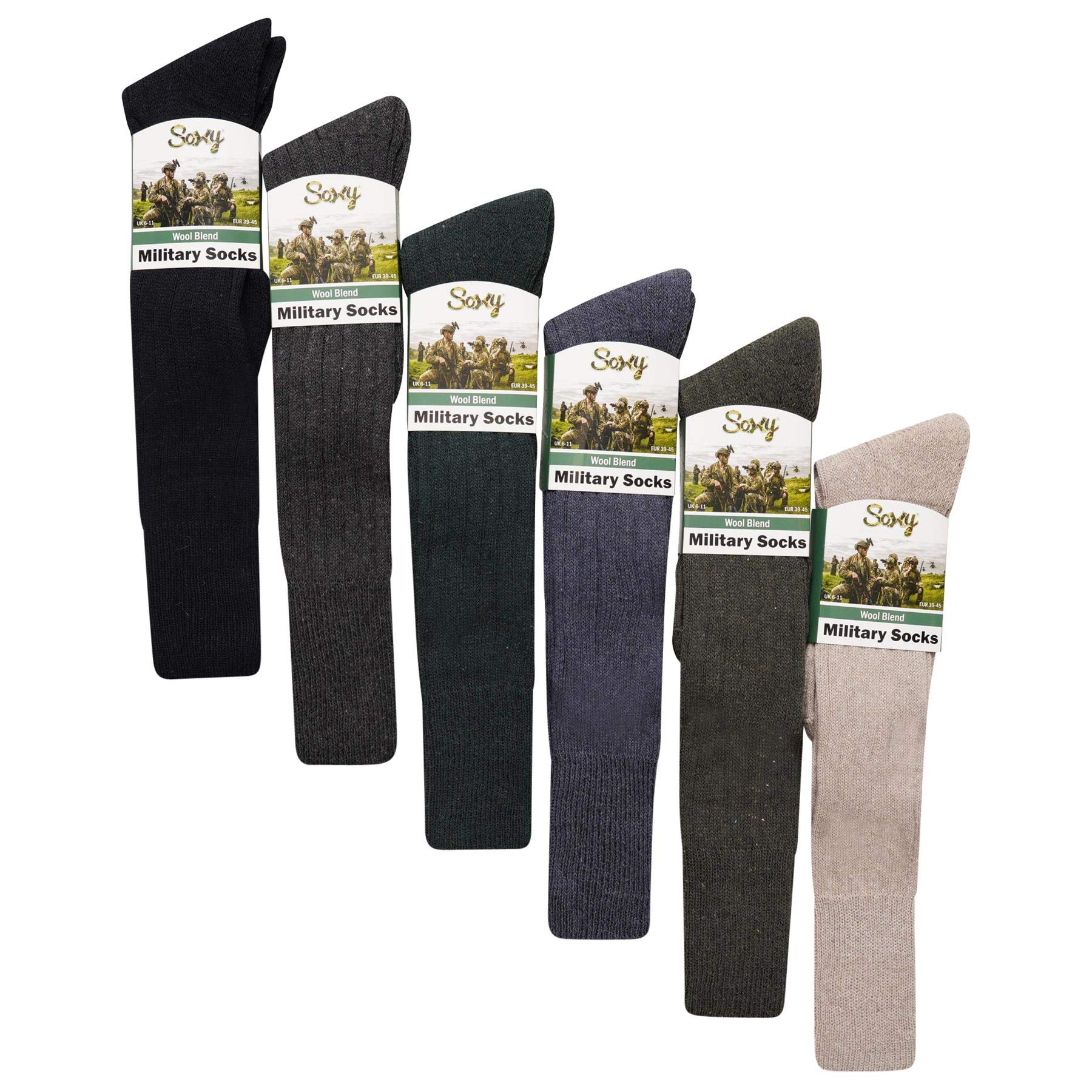 6 Pack Men's Military Socks - Wool Blend Long Crew Socks for Hiking & Outdoor Activities - UK 6-11 - Perfect for Camping, Hunting & Winter Sports