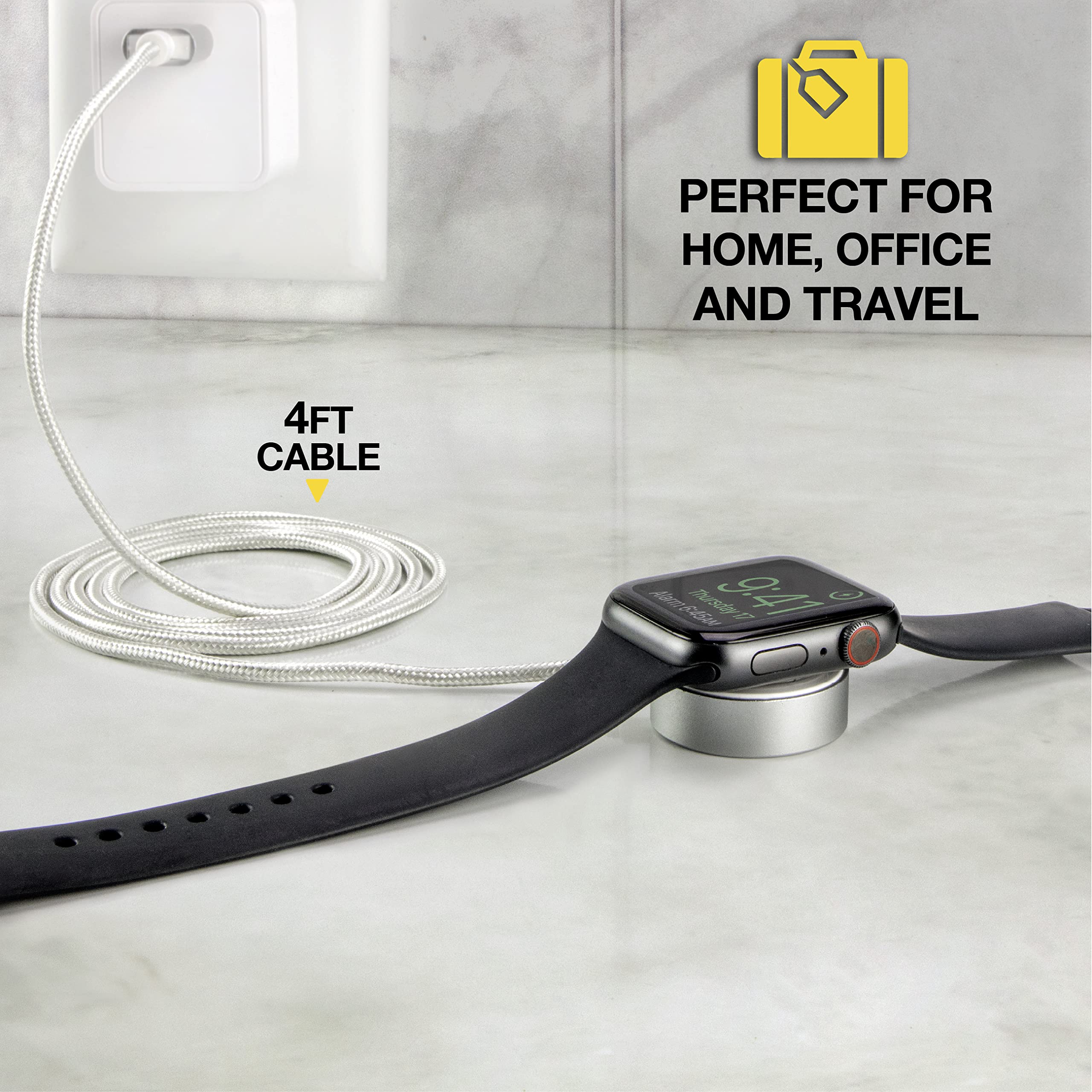 Scosche AWAB4WT-SP Magnetic Charging Cable for Apple Watch Series 9/8/7/6/SE - Fast Wireless Charger with Secure Magnetic Connection - Perfect for Home, Office & Travel Use