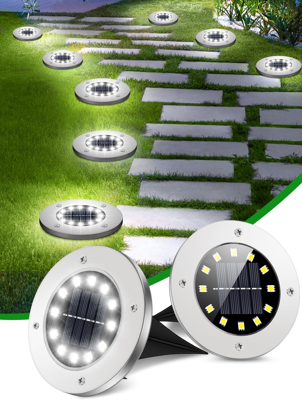 **Coroor Solar Ground Lights - 12 LED Waterproof Outdoor Garden Lights, Bright Solar Disk Lights for Pathway, Yard, Lawn, Patio, Walkway & Pool - Perfect for Nighttime Landscape Lighting (8 Pack, White)**