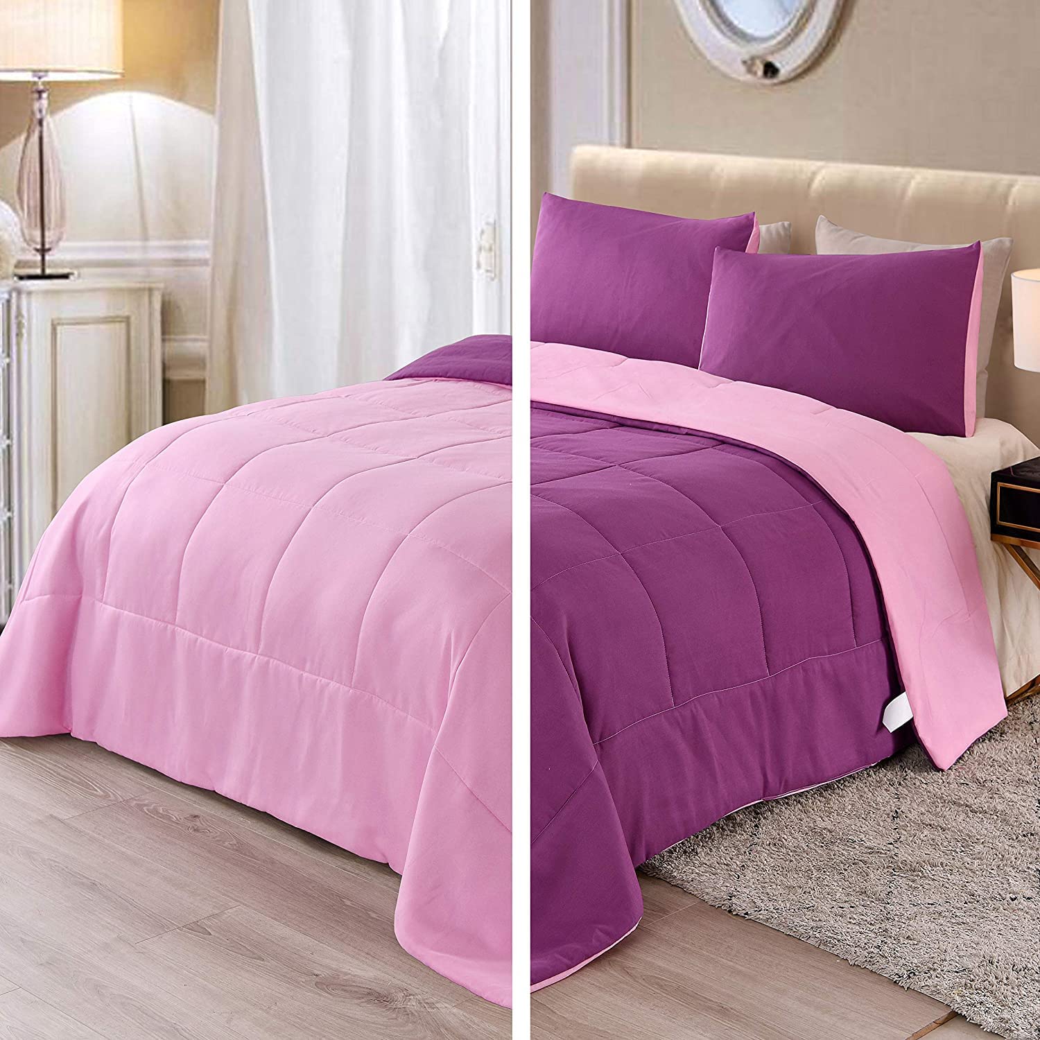 All Season Down Alternative Reversible Comforter - 100% Cotton, 500 GSM Fill, Lightweight Comforter Set (3-Piece Bed in a Bag) - King/Cal-King Size, Purple & Pink - Perfect for Master Bedrooms, Guest Rooms & Cozy Home Decor