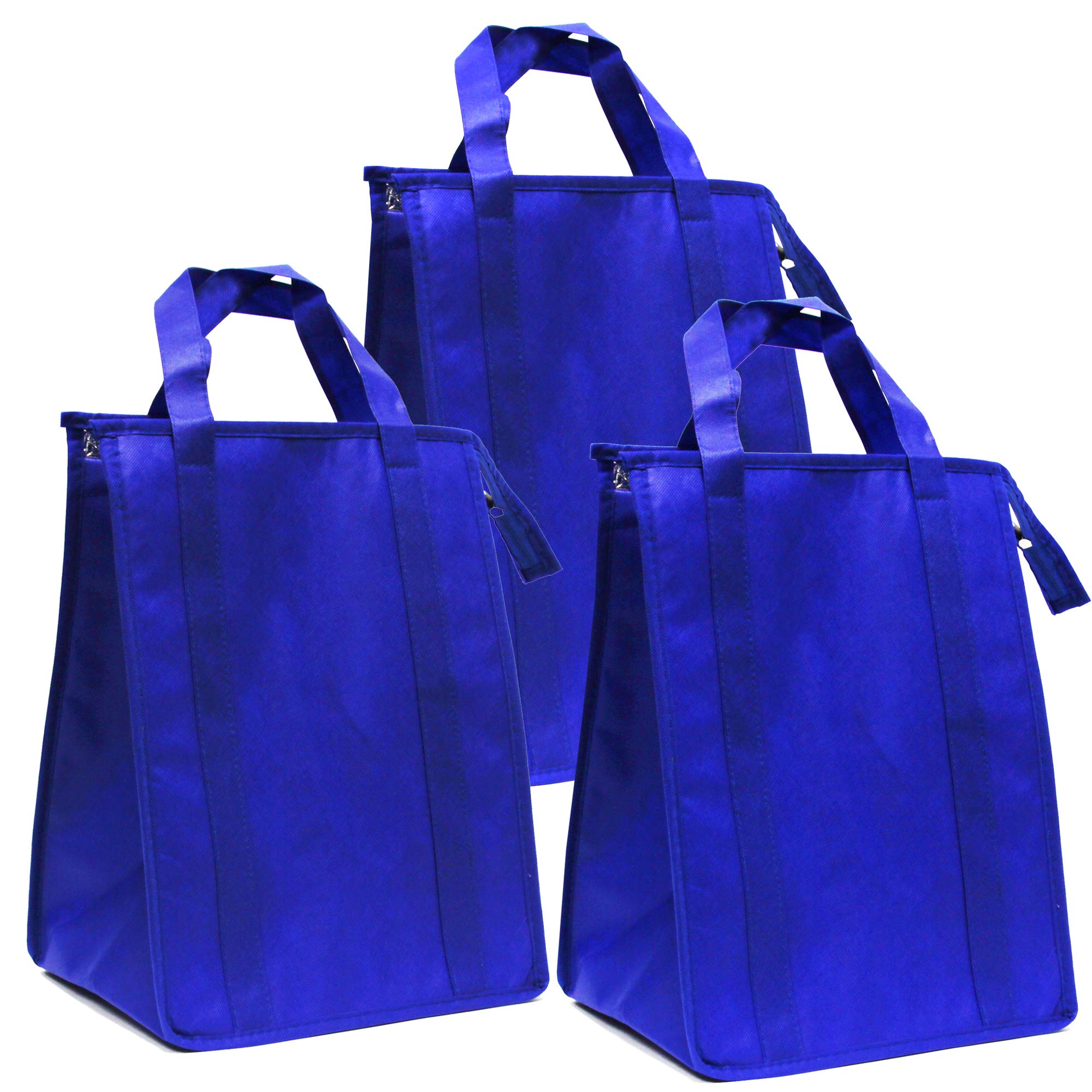 Premium Insulated Grocery Tote Bags 3-Pack - Heavy Duty Reusable Shopping Bags with Zipper Closure & Stand-Up Bottom | Eco-Friendly Non-Woven Fabric | Royal Blue | Perfect for Grocery Shopping, Picnics, Beach Trips & Sustainable Gift Giving