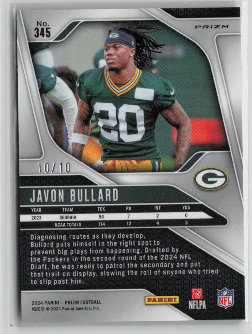 2024 Panini Prizm Football Javon Bullard Rookie Card Gold Parallel 10/10 #345 - Rare Collectible for Sports Memorabilia & Trading Card Enthusiasts