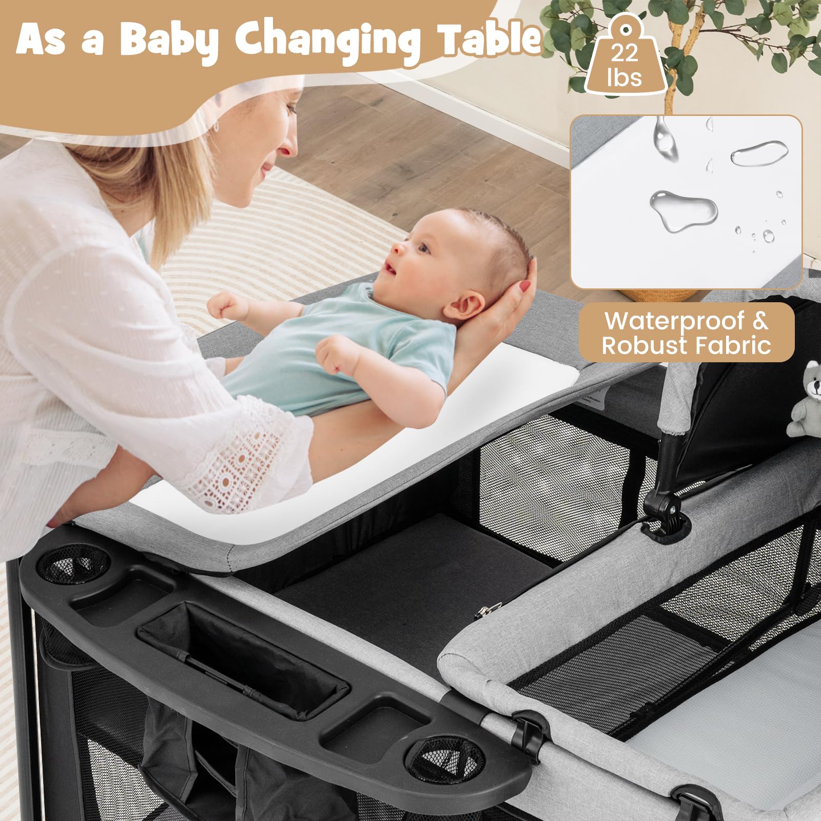 BABY JOY 4-in-1 Portable Baby Playard with Bassinet, Diaper Changing Table & Activity Center - Foldable Playpen with Toys & Storage Bag for Newborn to Toddlers (Dark Classic) | Perfect for Nursery, Travel & Indoor Outdoor Play