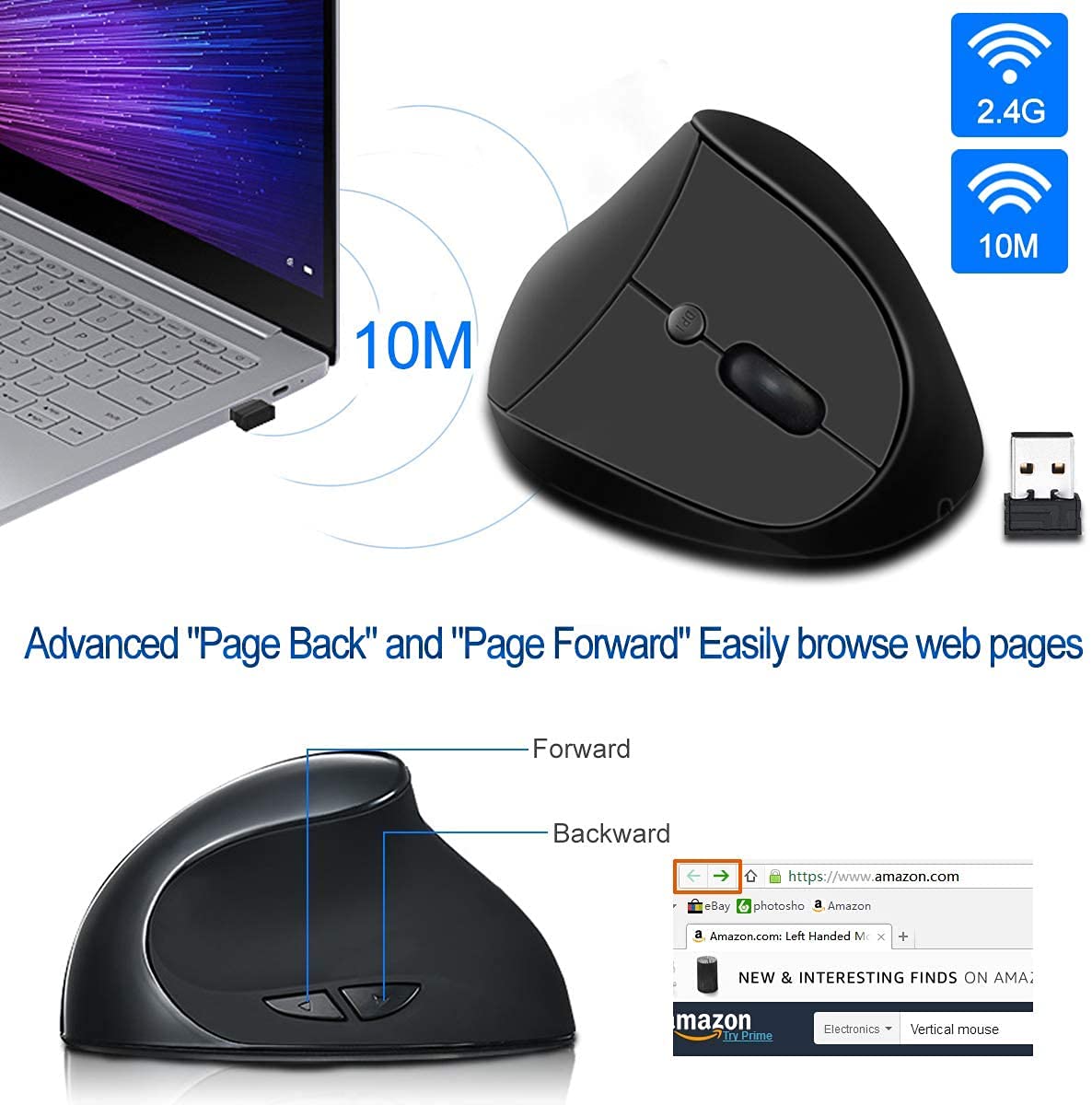 Wireless Vertical Ergonomic Mouse - Rechargeable 2.4G Silent Optical USB Mouse with Adjustable DPI (1000/1200/1600) & 6 Buttons for PC, Laptop, Desktop - Black | Perfect for Office Work, Gaming & Long Computer Sessions