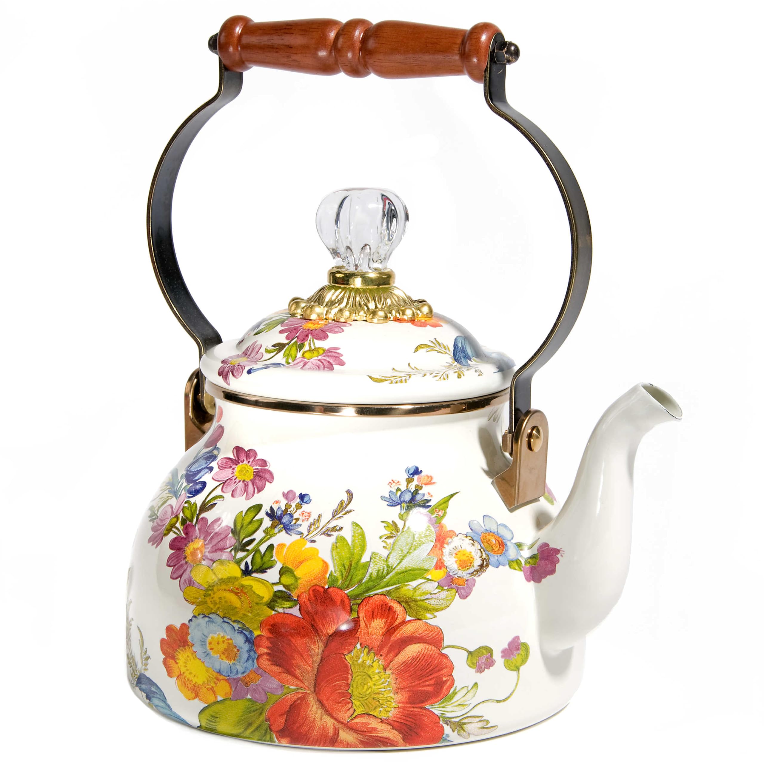 MACKENZIE-CHILDS Enamel Tea Kettle - 2 Quart Stovetop Kettle with White Flower Market Design, Vintage Style for Tea Lovers - Perfect for Home Kitchen, Afternoon Tea, and Gift Giving