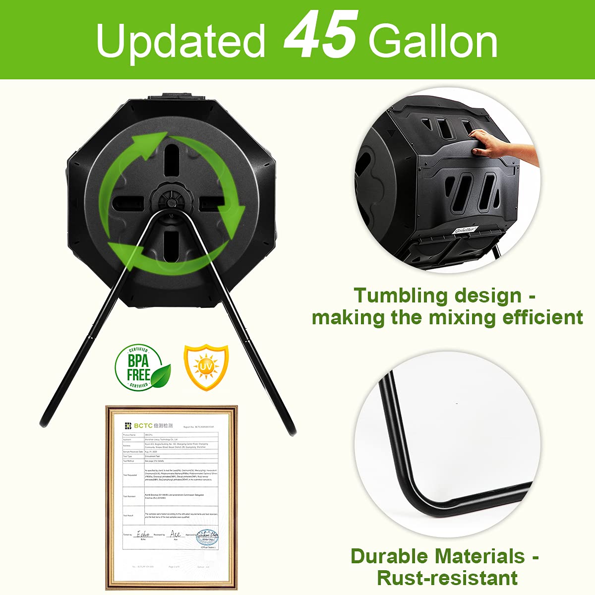 Gobetter 45 Gallon Composting Tumbler - BPA Free & UV Resistant Rotating Outdoor Composter Bin | Fast, Efficient & Eco-Friendly Composting Solution for Backyard, Garden & Organic Waste Recycling