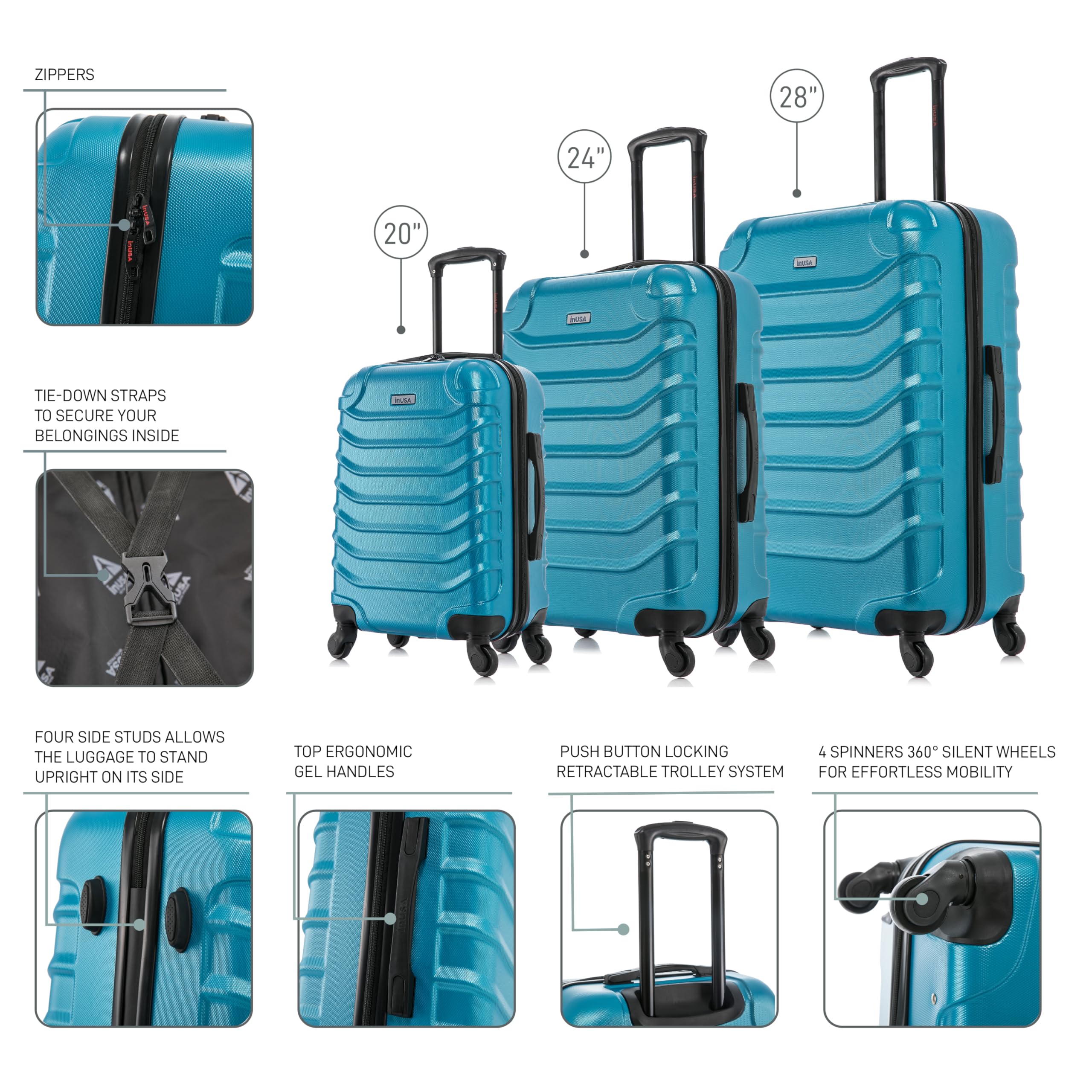 InUSA ENDURANCE 3-Piece Hardshell Luggage Set with Spinner Wheels (20in, 24in, 28in) - Lightweight Durable Teal Suitcase for Travel, Business Trips & Family Vacations