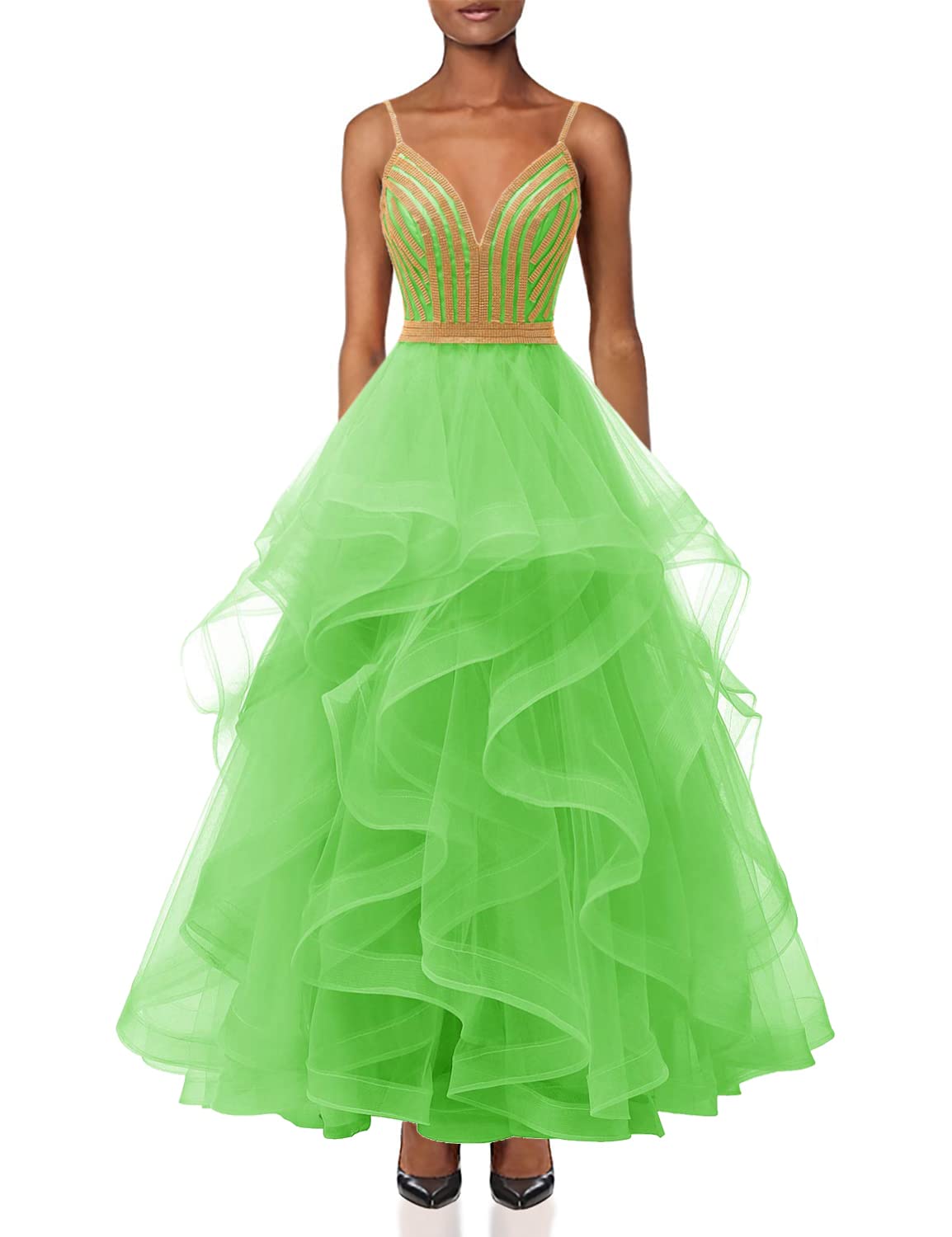 Chupeng Women's Gold Crystal Tiered Tulle Prom Dress - Elegant Spaghetti Strap Long Formal Evening Gown for Party, Cocktail, Ball & Special Occasions | Perfect for Prom Night, Wedding Guest & Black Tie Events