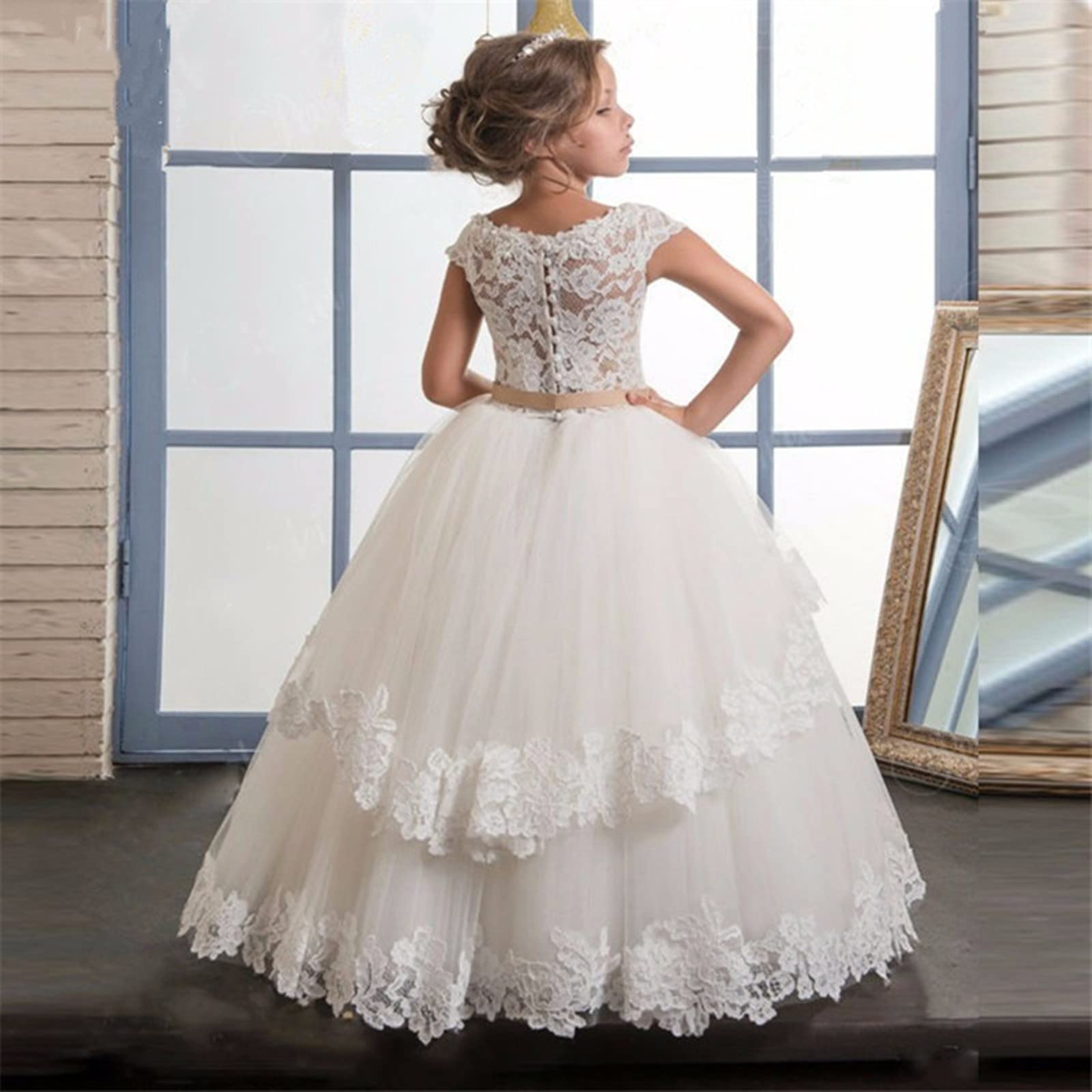 Zhengquan Girls' Wedding Dress - Elegant Pleated Lace Applique Flower Girl Dress with Ruffles for Formal Occasions | Perfect for Weddings, Proms, and Special Events
