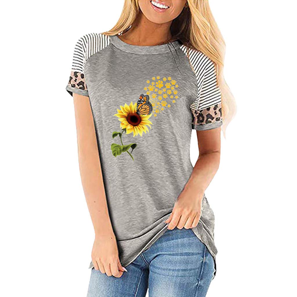 Lozeny Women's Sunflower Butterfly Graphic Patchwork T-Shirt - Raglan Short Sleeve Summer Blouse Pullover Top | Casual Wear, Beach Outfits & Festival Fashion