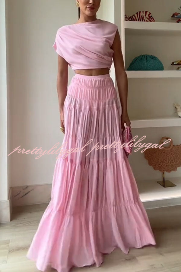 Elegant Chiffon Ruched Shoulder Short Sleeve Crop Top Women's Fashion Blouse for Summer Outfits, Date Night & Party Wear