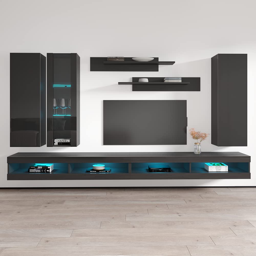 Modern Gray Wall-Mounted TV Stand with Storage & LED Lights - Meble Fly E34 Entertainment Center for Living Room & Bedroom - Space-Saving Console with Shelves (EF4) - Perfect for Small Spaces & Home Theater Setups