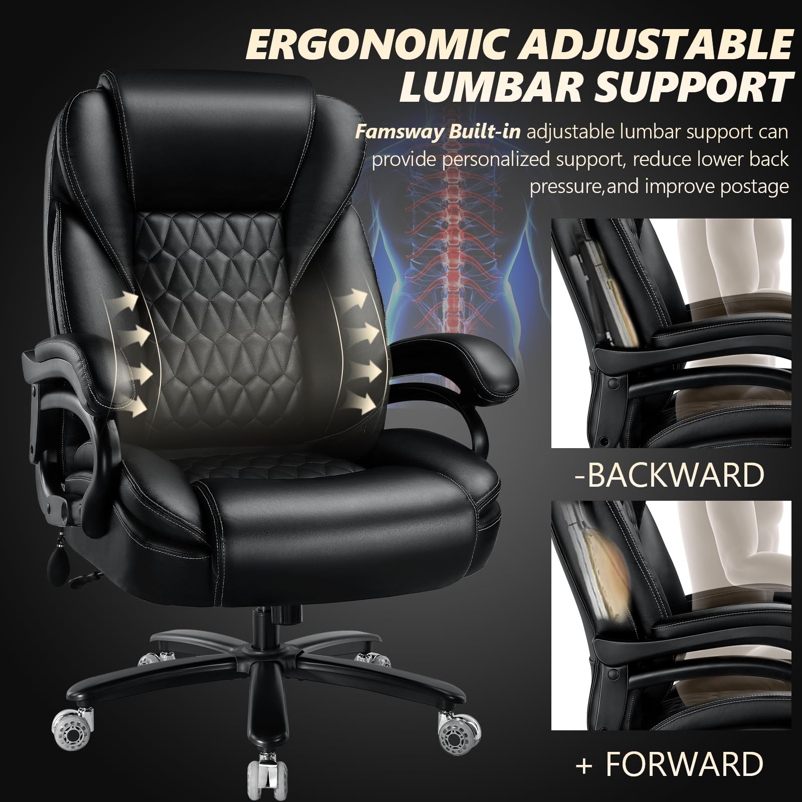 600lbs Heavy Duty Big and Tall Office Chair with Pocket Spring Cushion - Ergonomic Executive Desk Chair for Back Pain Relief, Adjustable Lumbar Support - Perfect for Large Men, Long Work Hours & Home Office Use