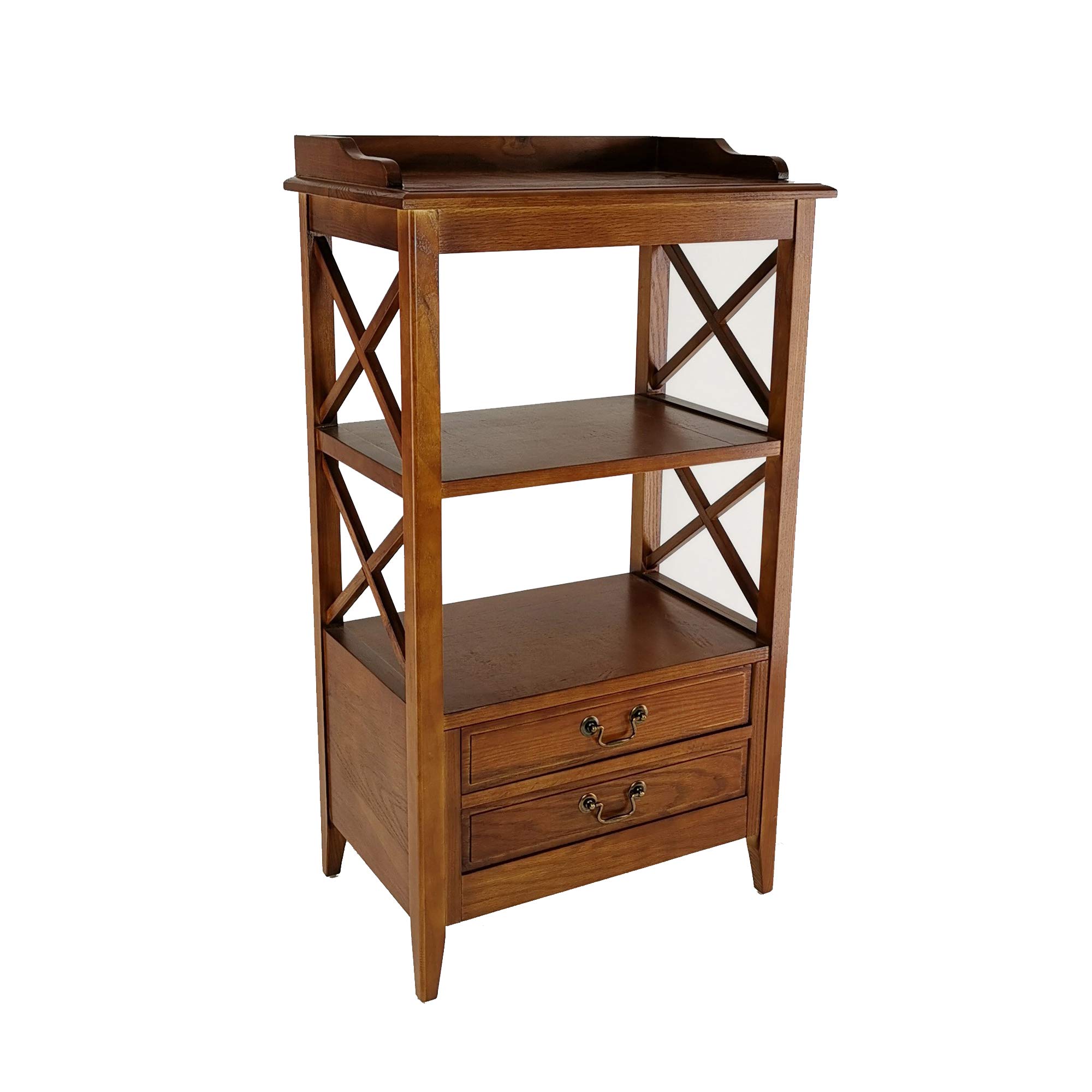 Benjara X Frame Wooden Storage Rack with 2 Drawers & Open Shelf - Stylish Organizer for Living Room, Bedroom, or Office Decor