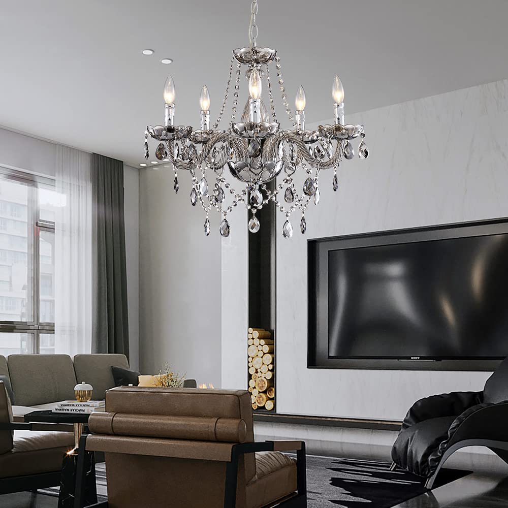 Saint Mossi 5-Light Modern K9 Crystal Chandelier - Adjustable Chain Contemporary Pendant Ceiling Light Fixture for Dining Room, Bedroom, Living Room - Smoky Gray | Elegant Lighting for Home Decor & Special Occasions