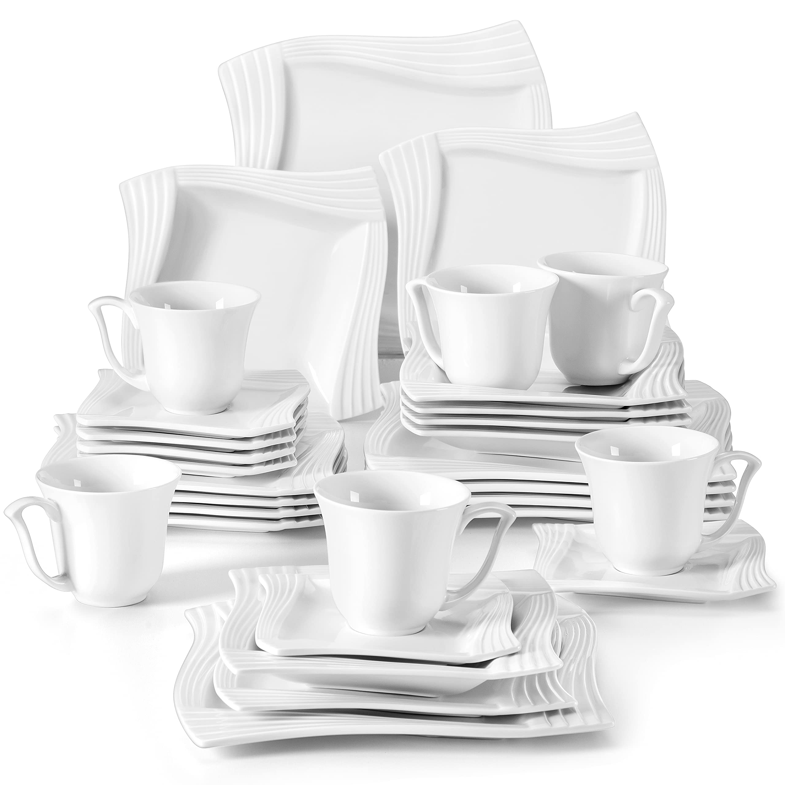 MALACASA 30-Piece Square Porcelain Dinnerware Set for 6 - White Plates, Bowls, Cups & Saucers - Elegant Ivory White Dish Set for Dining, Entertaining & Everyday Use - Series Amparo