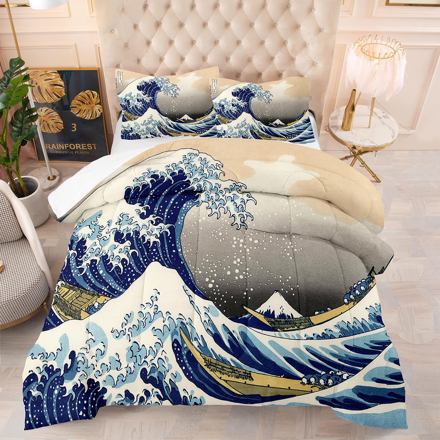 Japanese Ukiyo-e King Size Comforter Set - Mt. Fuji & Kanagawa Wave Art Design | 1 Quilt + 2 Pillowcases for Women & Girls | Perfect for Bedroom Decor, Anime Themed Rooms & Japanese Culture Enthusiasts