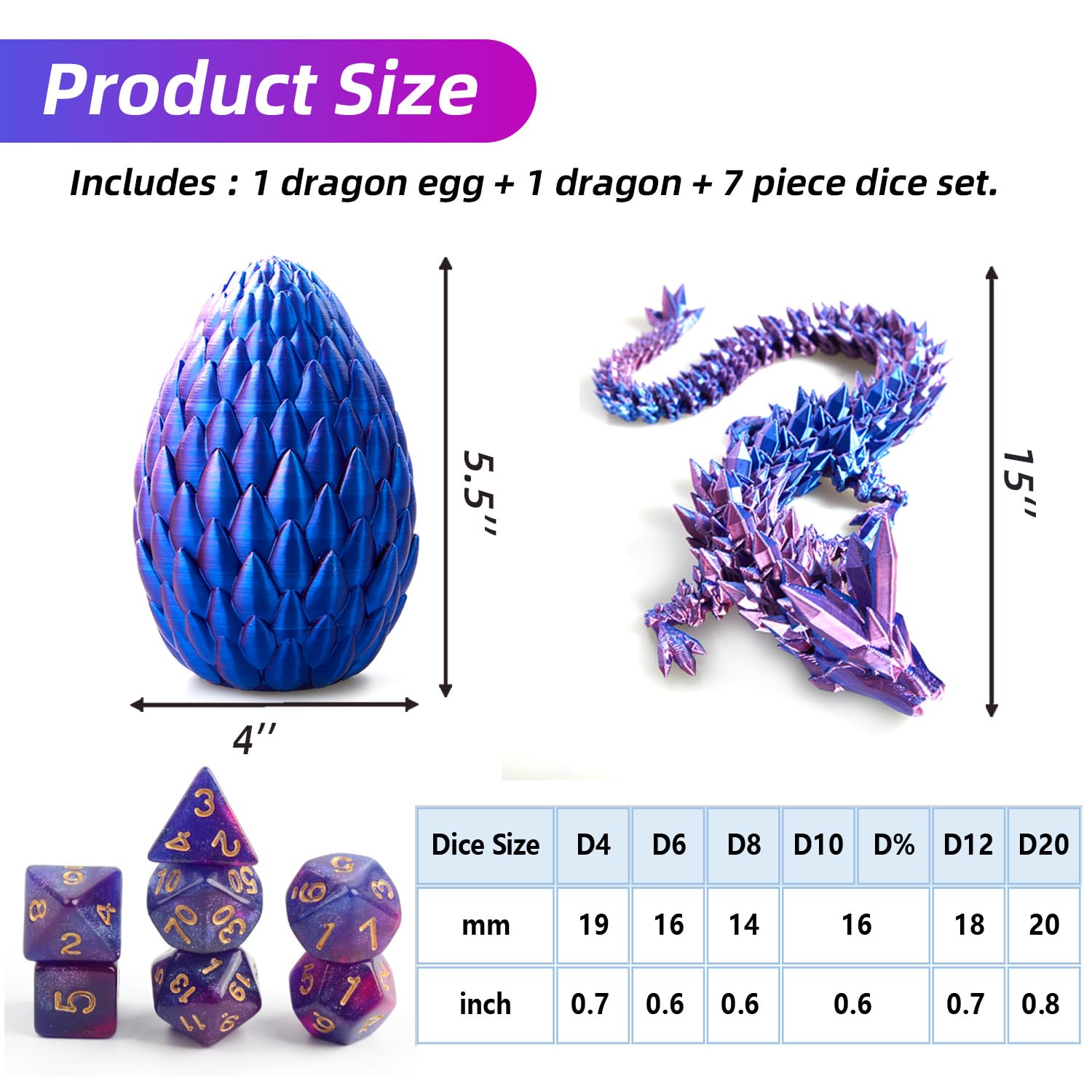 Premium 7-Piece DND Dice Set with 3D Printed Dragon Egg - Fidget Toys for Stress Relief, RPG Gaming Accessories for DND MTG - Perfect Gift for Tabletop Gamers & Fantasy Lovers
