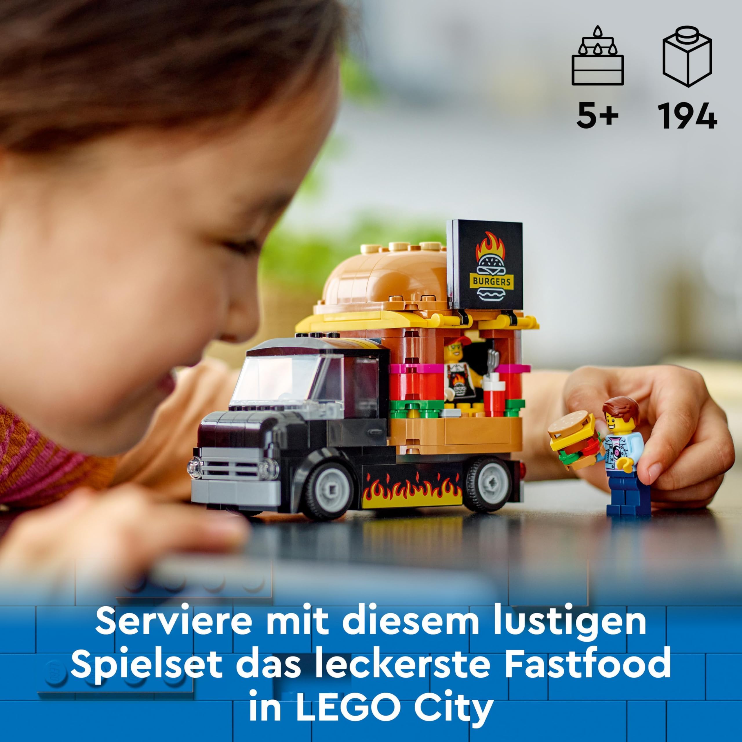 LEGO City Burger Truck Toy Building Set with Mini Figure & Accessories - Fun Gift for Boys & Girls Ages 5+ (Set 60404) - Pretend Play, Birthday & Holiday Gift Idea