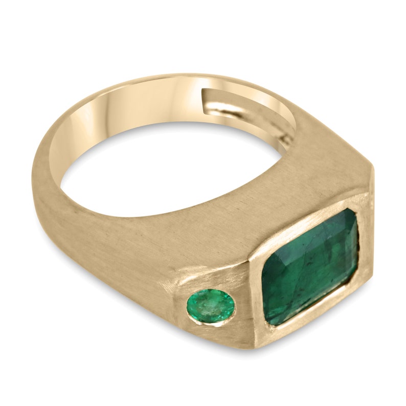 3.42tcw Rich Green Gypsy Style Matte Finish Emerald 3 Stone Trilogy Ring in 18K Gold - Perfect for Weddings, Anniversaries & Bohemian Fashion