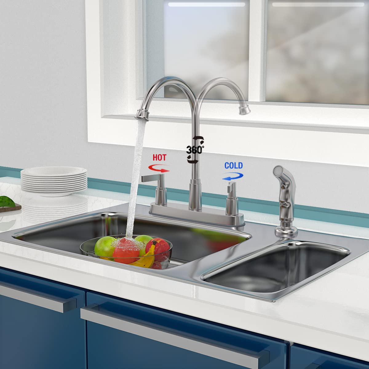 2-Handle High Arc Stainless Steel Kitchen Faucet with Pull-Out Side Sprayer - Brushed Nickel Finish - 8 Inch Centerset for 3 or 4 Hole Sink Installation - Perfect for Modern Kitchens and Heavy-Duty Cooking Tasks
