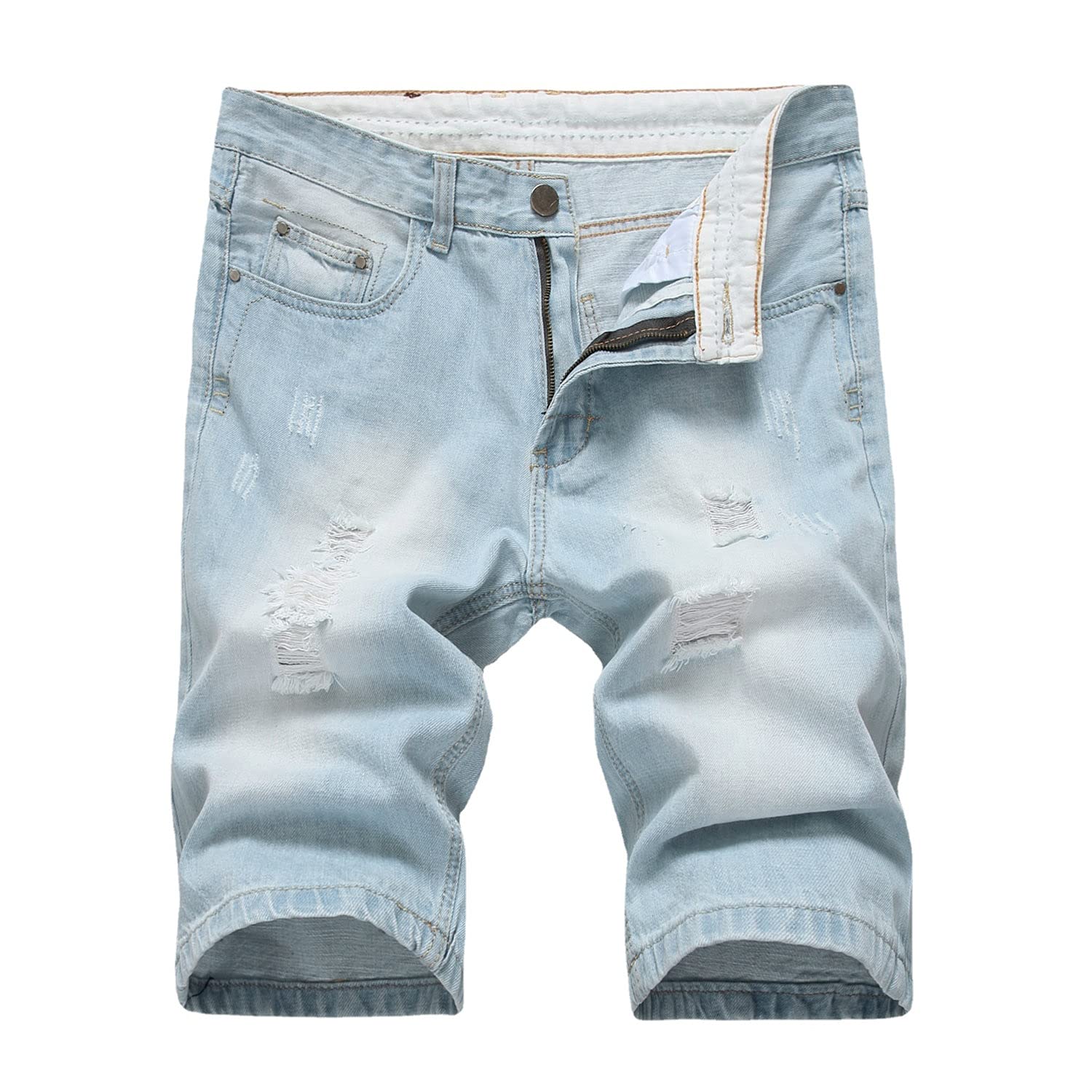 Men's Distressed Ripped Denim Shorts - Slim Fit Straight Leg Stretch Jean Shorts with Pockets | Light Blue Wash (Size 32) | Perfect for Summer Outfits, Beach Wear & Casual Street Style