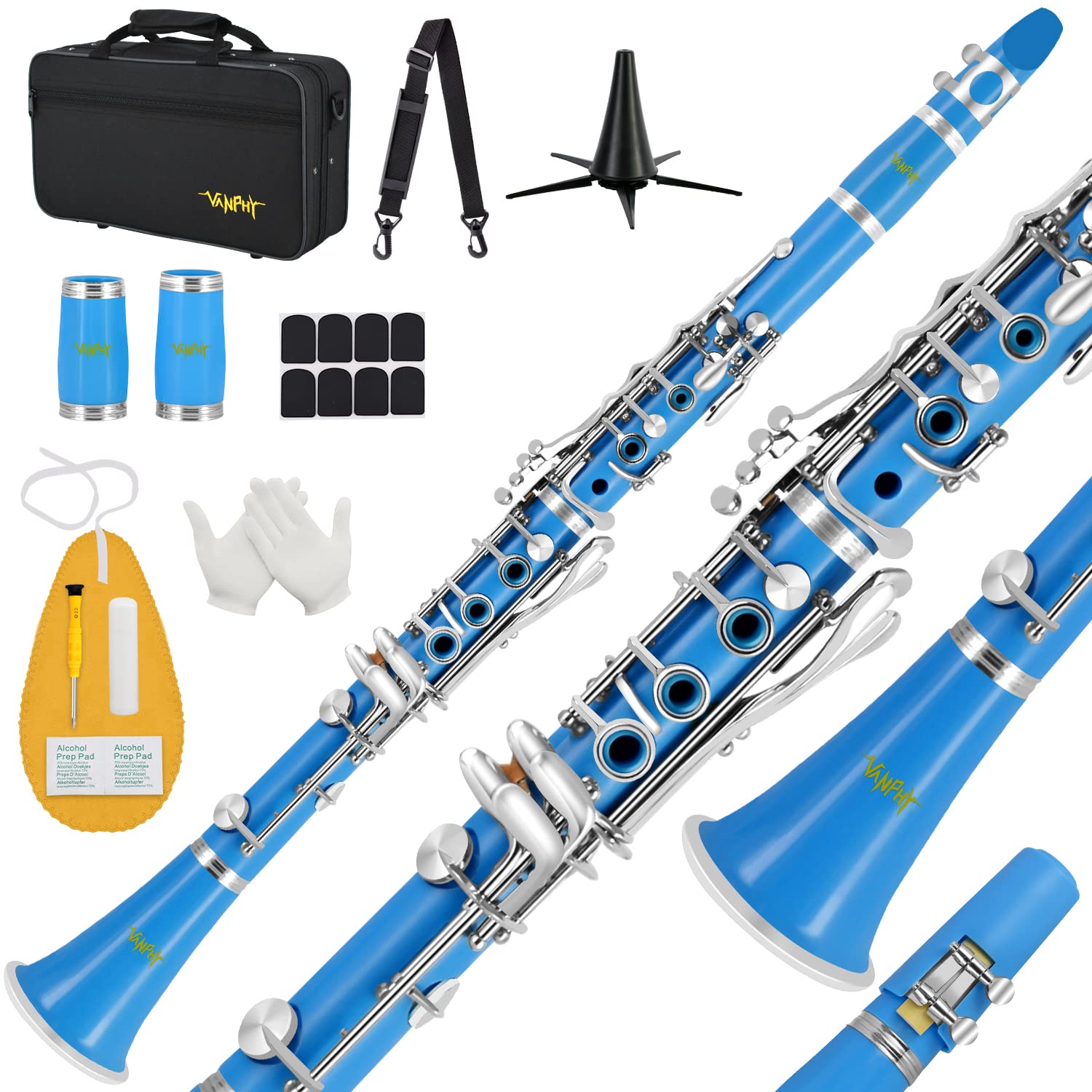 **Bb Clarinet for Beginners - 17 Key B Flat Student Clarinet with Case, Stand, Strap, 2 Barrels, 8 Mouthpiece Cushions, White Gloves & Cleaning Kit (Blue) - Perfect for School Bands, Practice & Performances**