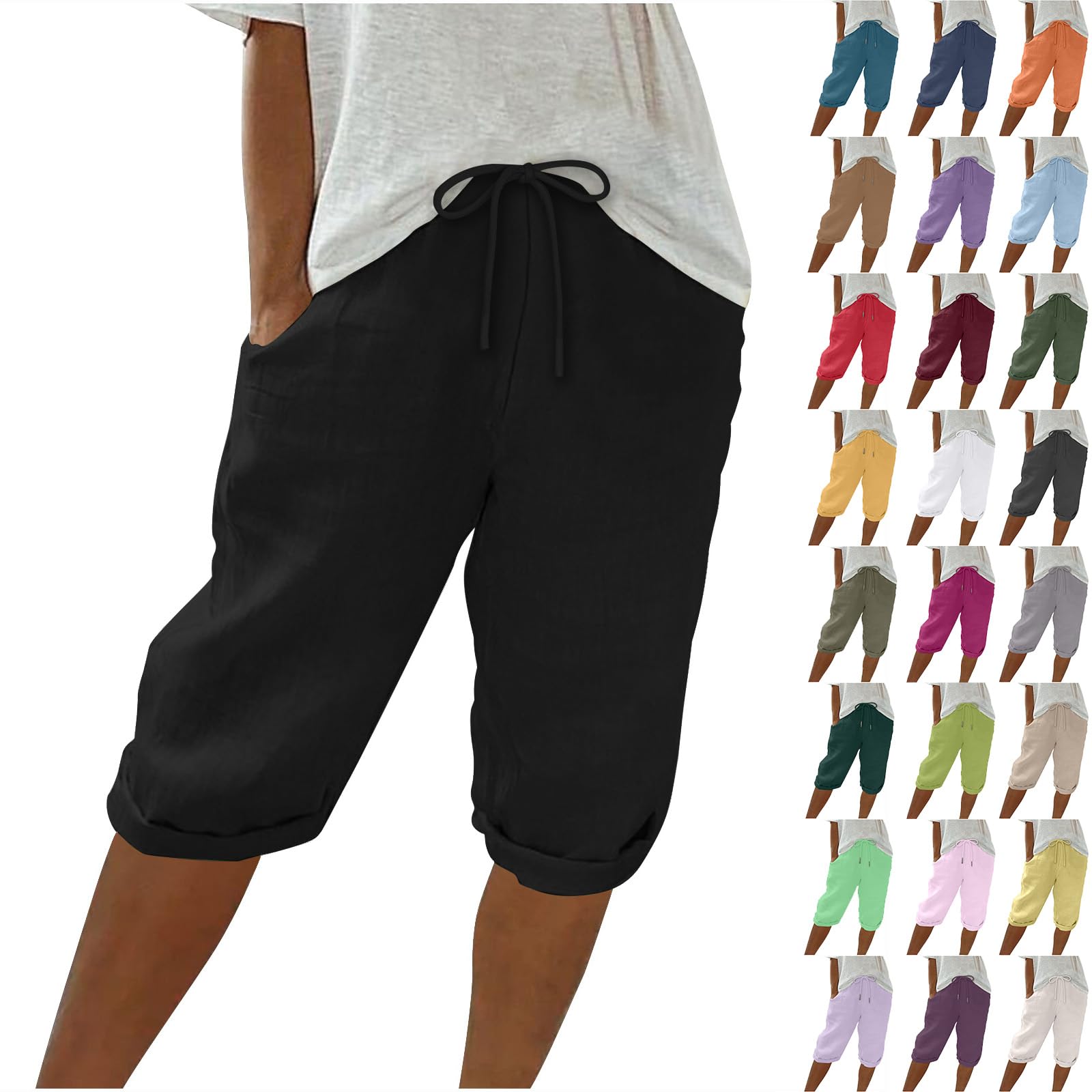 Women's Linen Bermuda Shorts - High Waisted Summer Shorts with Pockets for Beach & Lounge