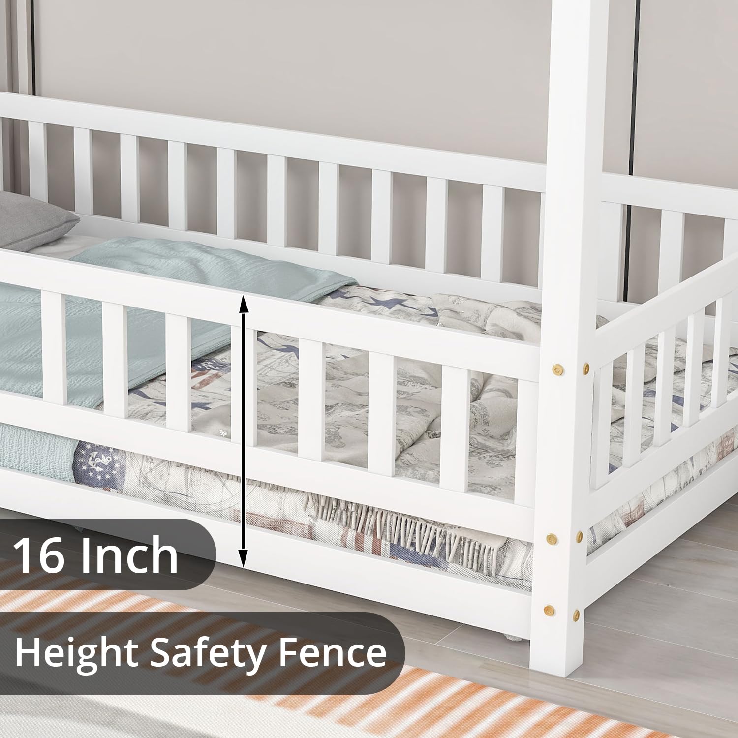 Montessori Full Size Floor Bed Frame with Roof & Fence - Solid Wood House Bed for Kids, Boys & Girls Bedroom Furniture - White | Safe Toddler Sleeping Solution for Daycare & Home Nursery