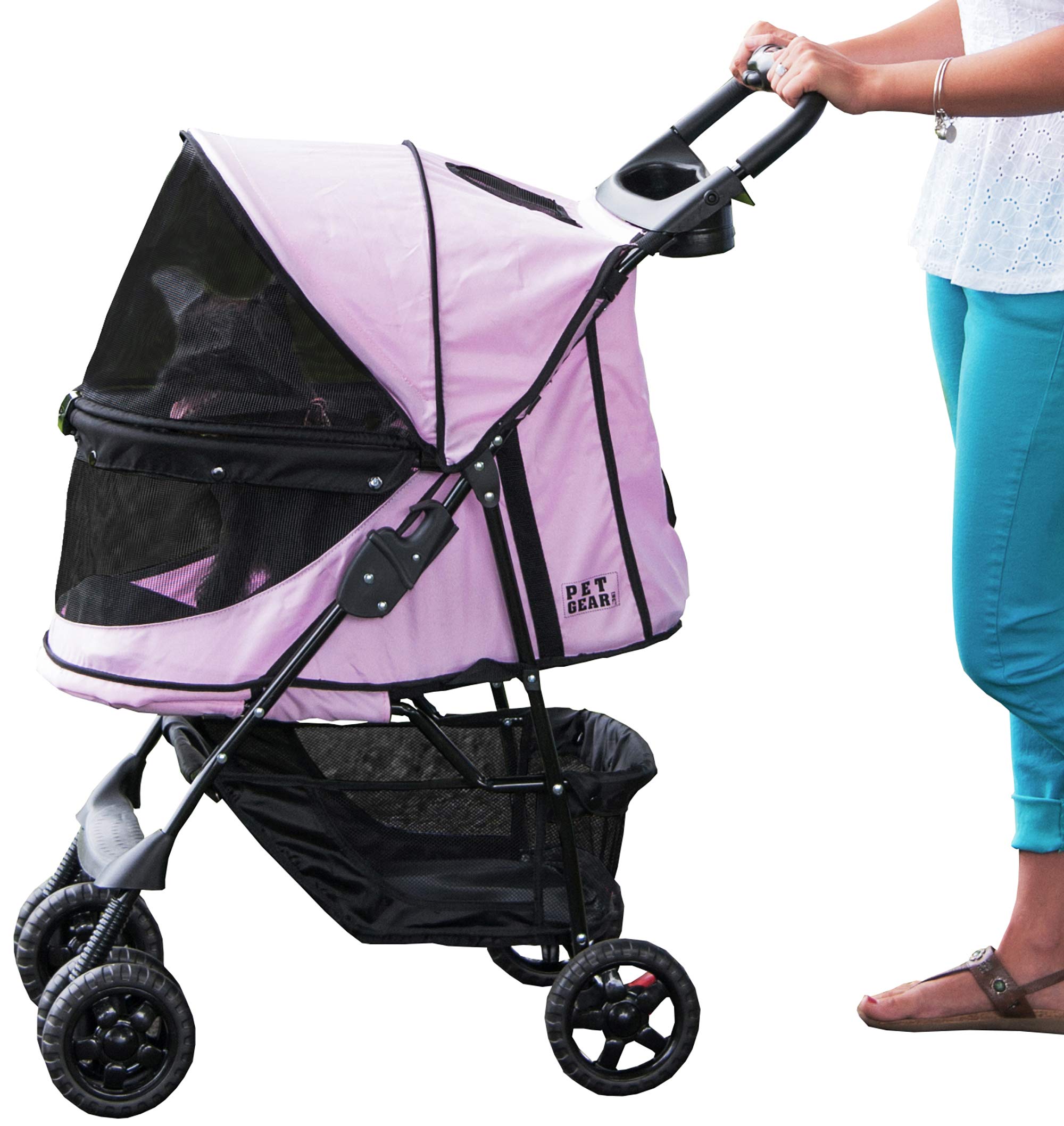 Pet Gear No-Zip Happy Trails Pet Stroller for Small Dogs & Cats - Zipperless Entry, Foldable Design with Removable Washable Liner, Safety Tether, Storage Basket & Cup Holder - Blush Pink (Perfect for Vet Visits, Park Walks & Shopping Trips)