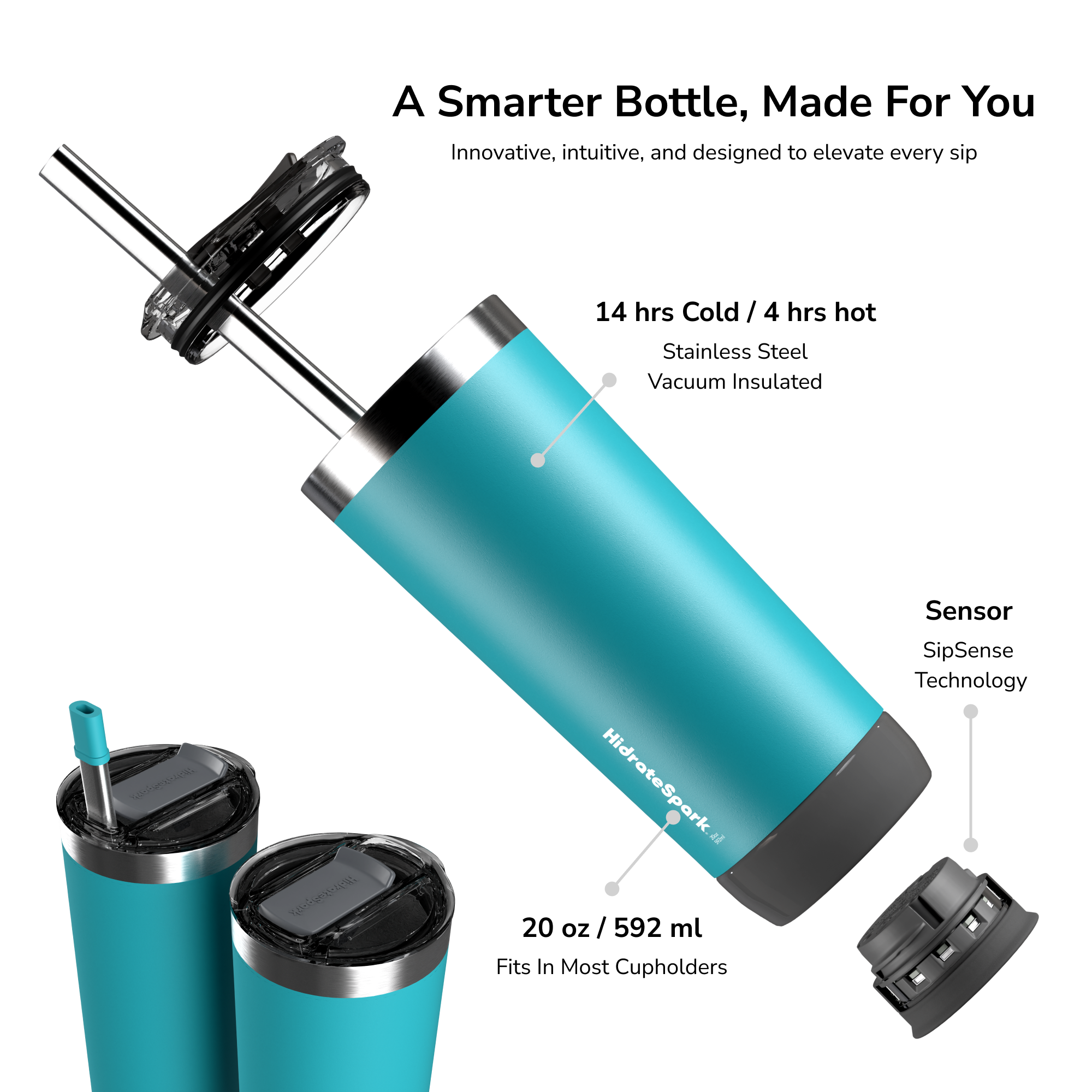 HidrateSpark PRO Smart Water Bottle with App Tracking - 20 oz Insulated Stainless Steel Bottle for Hydration Reminders at Home, Gym, or Office