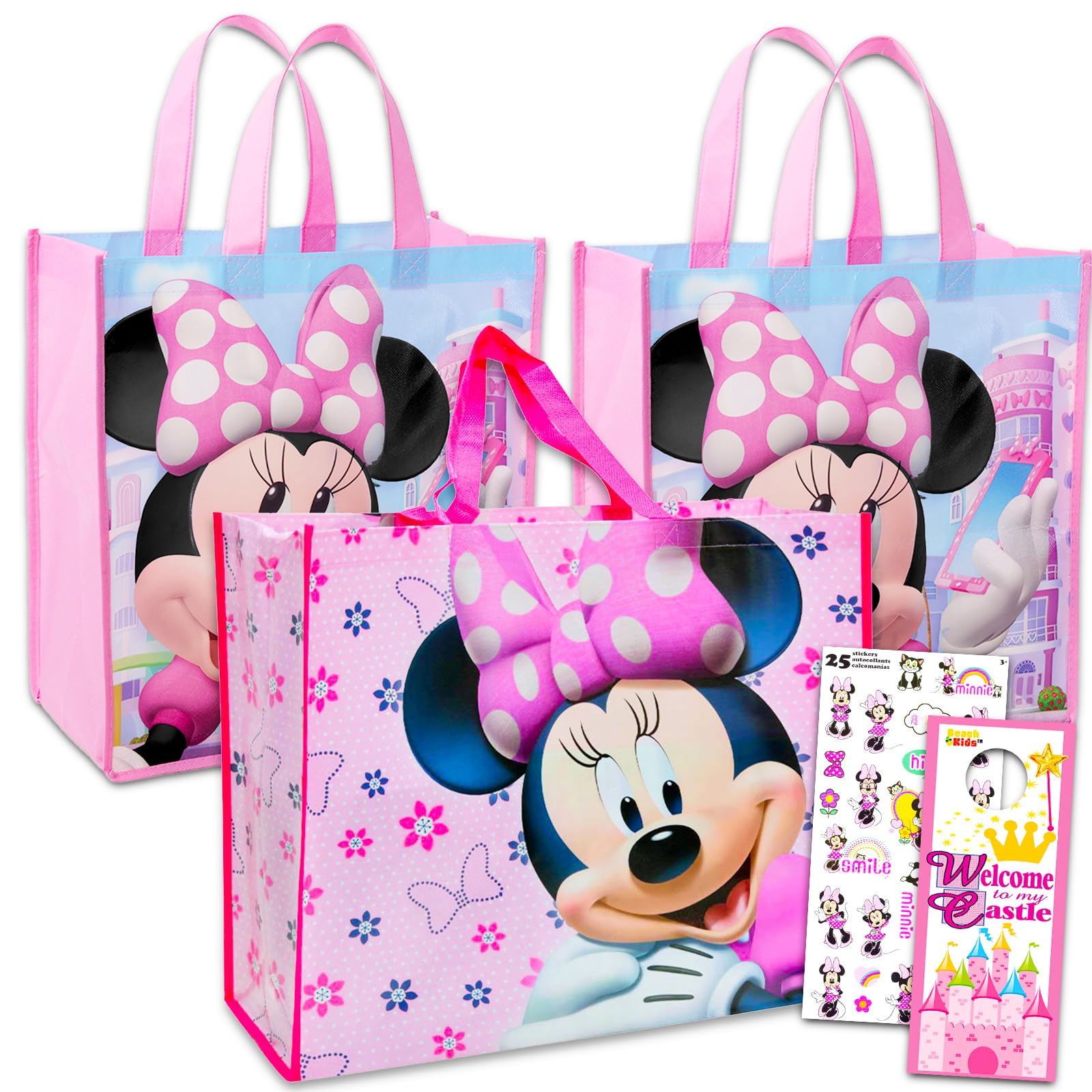 Disney Minnie Mouse Reusable Tote Bags Set - 3 Pack Large Grocery Shopping Bags with Minnie Mouse Stickers | Perfect for Grocery Shopping, Beach Trips, and Disney Theme Park Visits