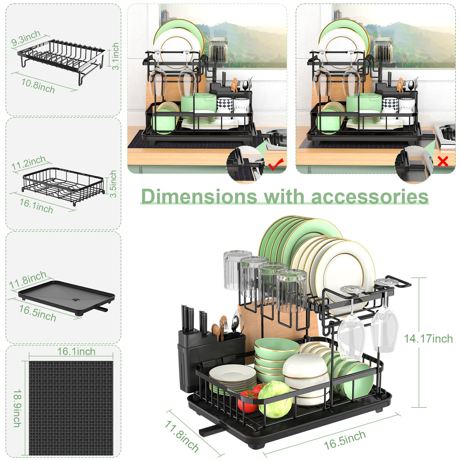 **Large 2-Tier Dish Drying Rack & Drainboard Set for Kitchen Counter - Black Dish Drainer with Utensil, Pot, Knife & Cutting Board Holders + Drying Mat - Perfect for Small Spaces, Apartments & Organized Kitchens**