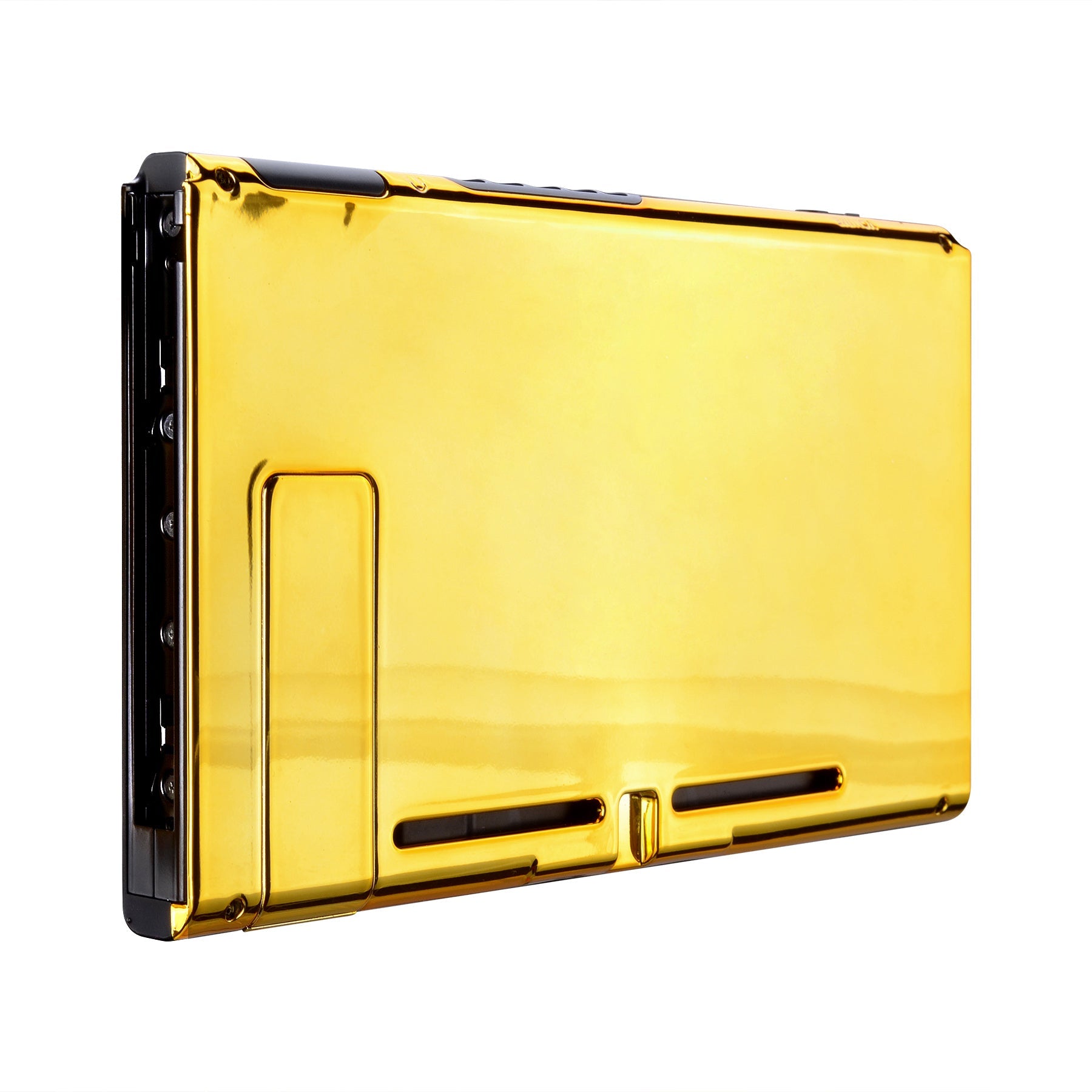 eXtremeRate Chrome Gold Replacement Back Plate with Kickstand for Nintendo Switch Console - Durable Gaming Accessory for Enhanced Play Experience