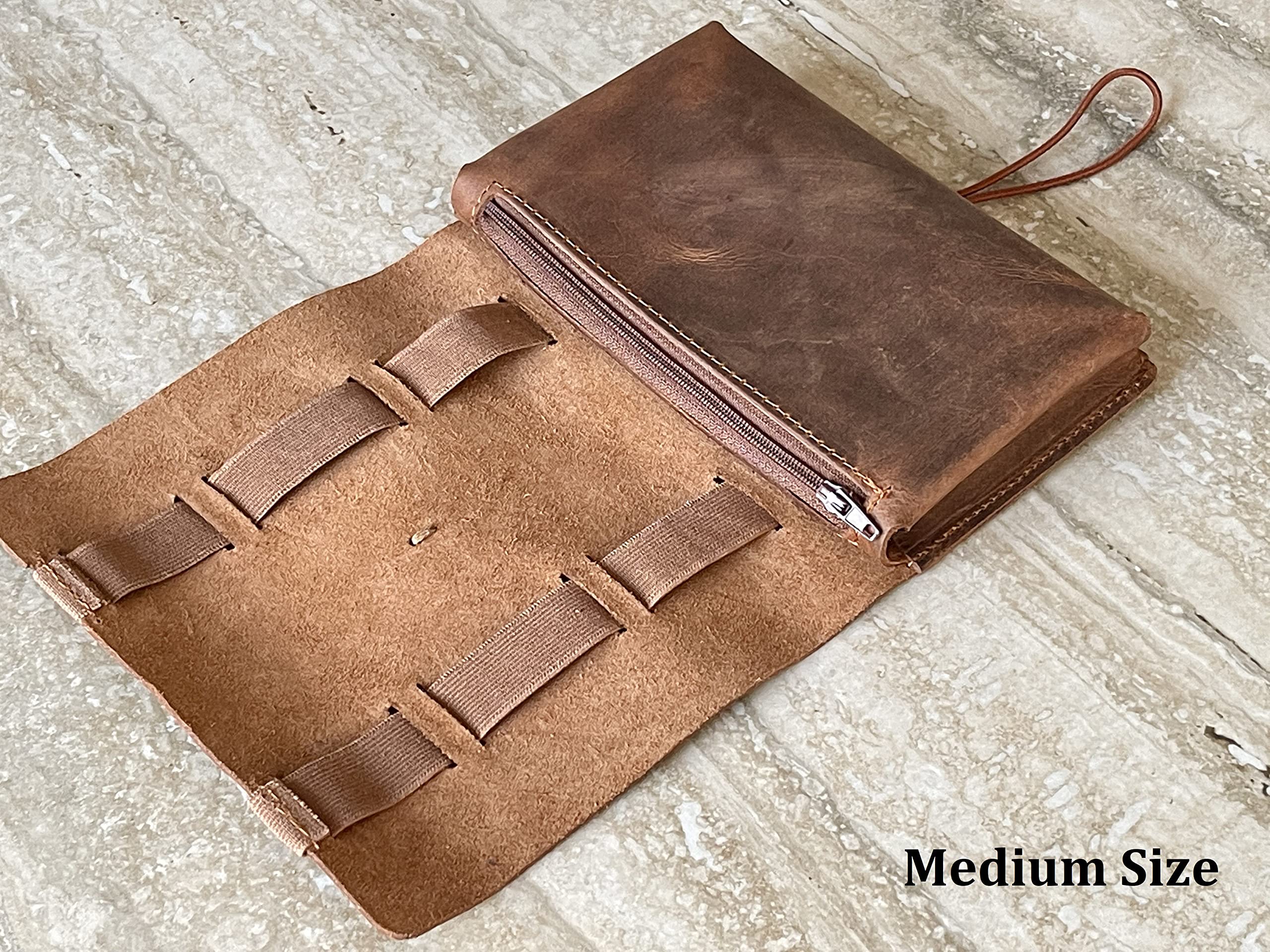 Genuine Leather Electronic Cable Organizer Bag - Handmade Travel Cord Storage Roll Case for Hard Drives, Chargers, Phones, USB Cables & SD Cards - Medium Brown - Perfect for Office, Travel & Home Organization