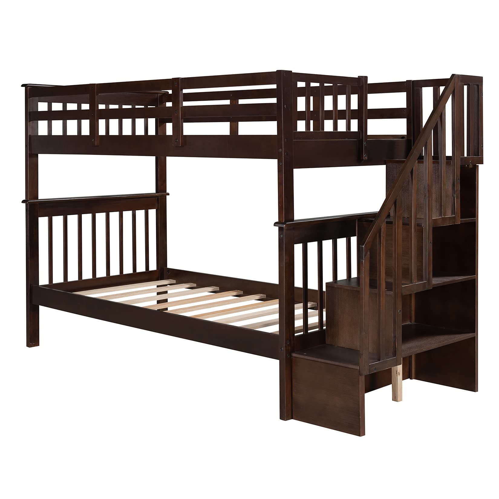 Twin Over Twin Bunk Bed with Storage Shelves - Wooden Stairway Bunk Bed for Kids, Teens, Boys & Girls - Convertible to 2 Separate Beds - Espresso Finish - Perfect for Small Bedrooms, Shared Kids Rooms & Space-Saving Solutions