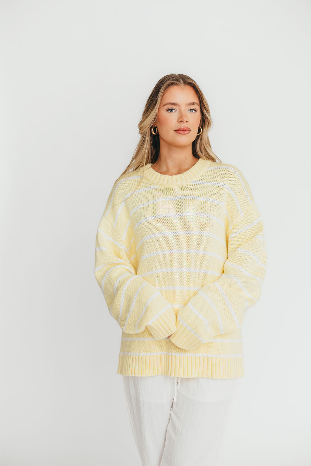 Bayside Sweater Women's Banana Stripe Knit Pullover - Soft Casual Long Sleeve Crewneck Sweater for Fall & Winter - Perfect for Coffee Dates, Office Wear and Weekend Outings