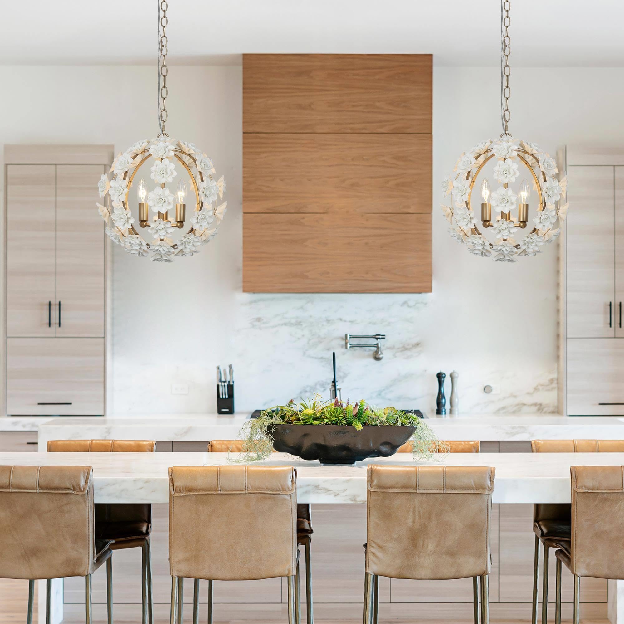 Elegant Gold Chandeliers - 3-Light Orb Ceramic Flower Pendant Lighting Fixture for Dining Room, Living Room, Kitchen | Modern Hanging Light for Home Decor, Wedding, Restaurant & Cafe Ambiance