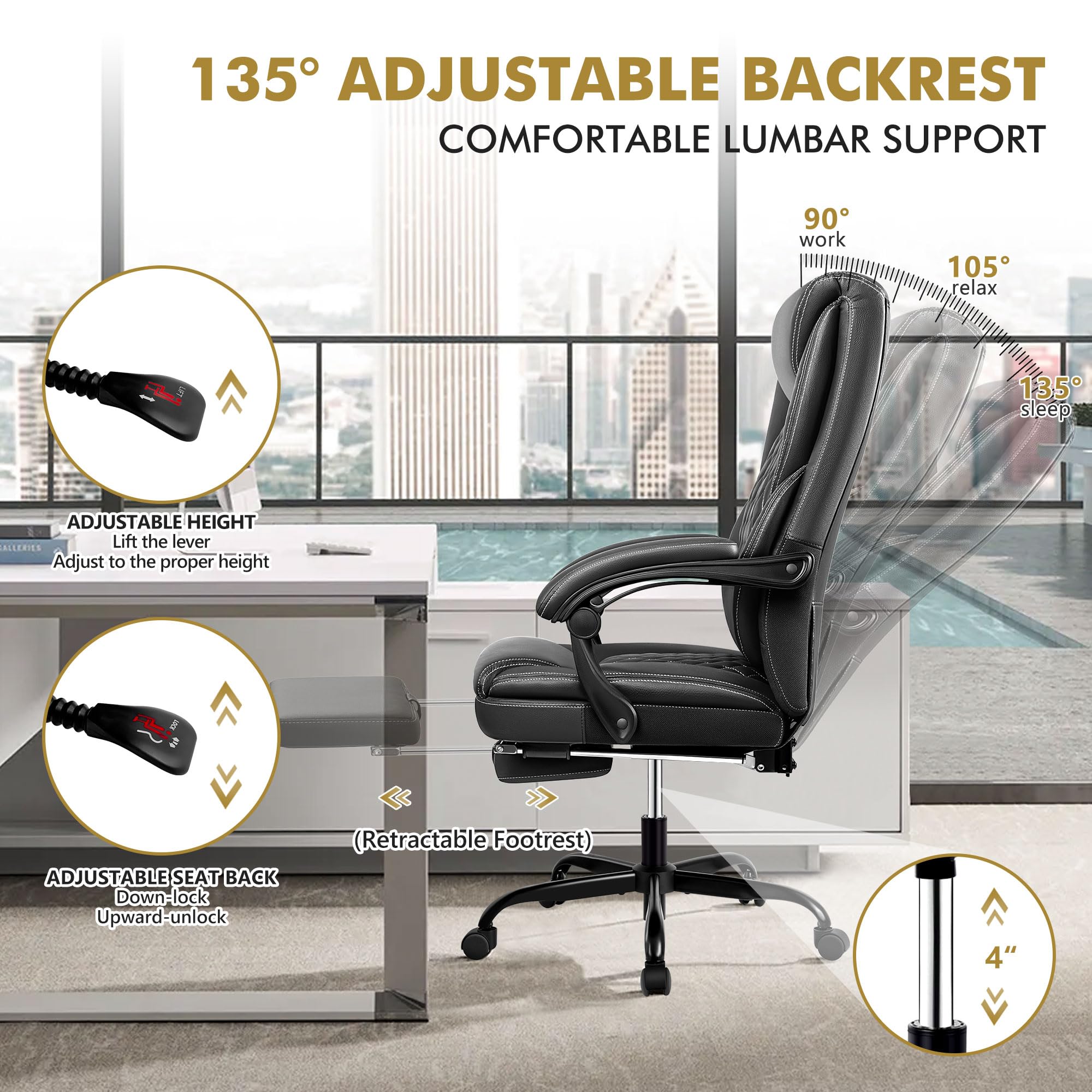 Big and Tall Executive Office Chair with Footrest - Ergonomic High Back Leather Desk Chair with Lumbar Support & Reclining Function for Home Office (Black) - Perfect for Long Work Hours & Comfortable Workspace Setup