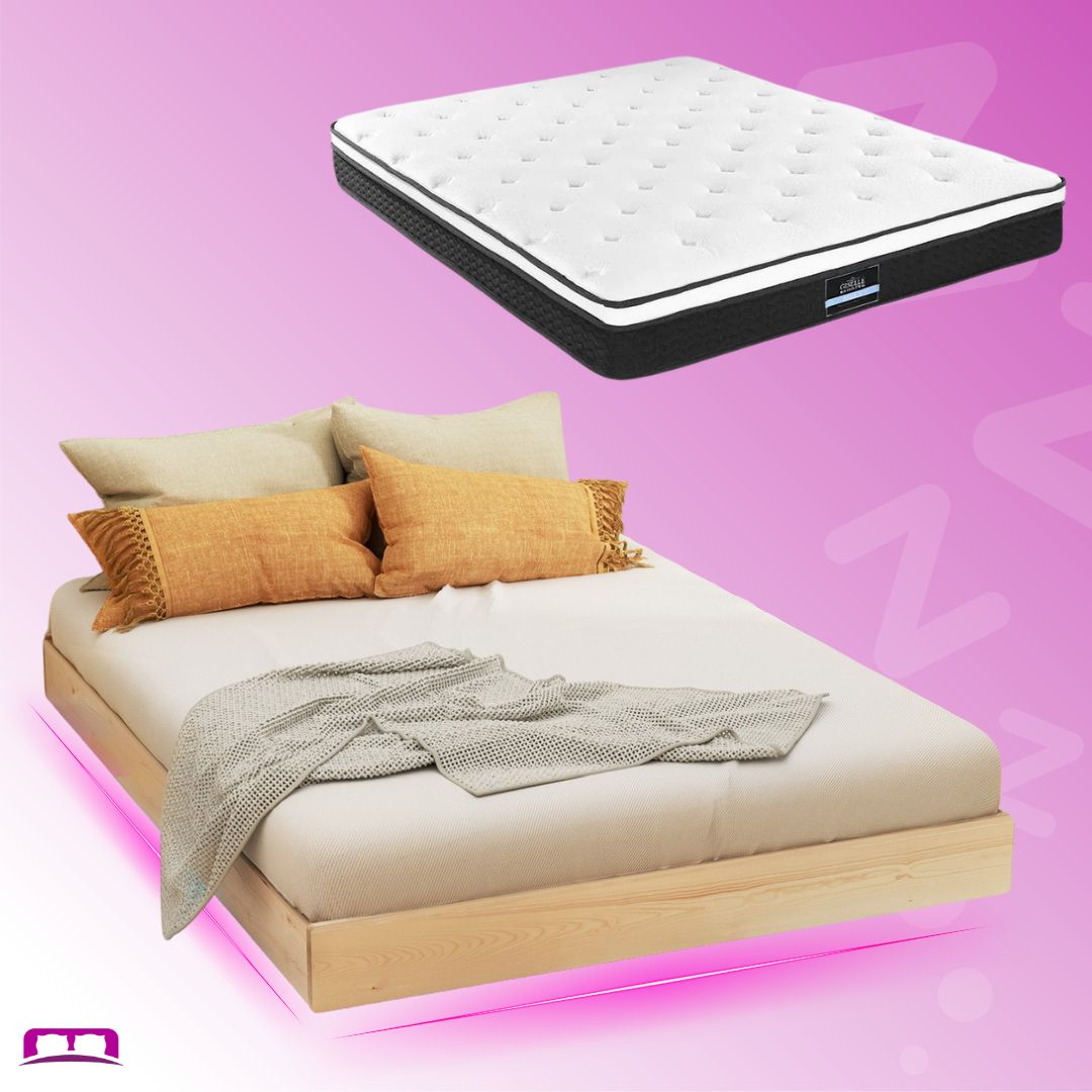 Odin Floating Style LED Pinewood Bed Frame & Bonita Pillow Top Medium Firm Mattress Set - Double Package | Modern Bedroom Furniture for Luxurious Sleep & Relaxation
