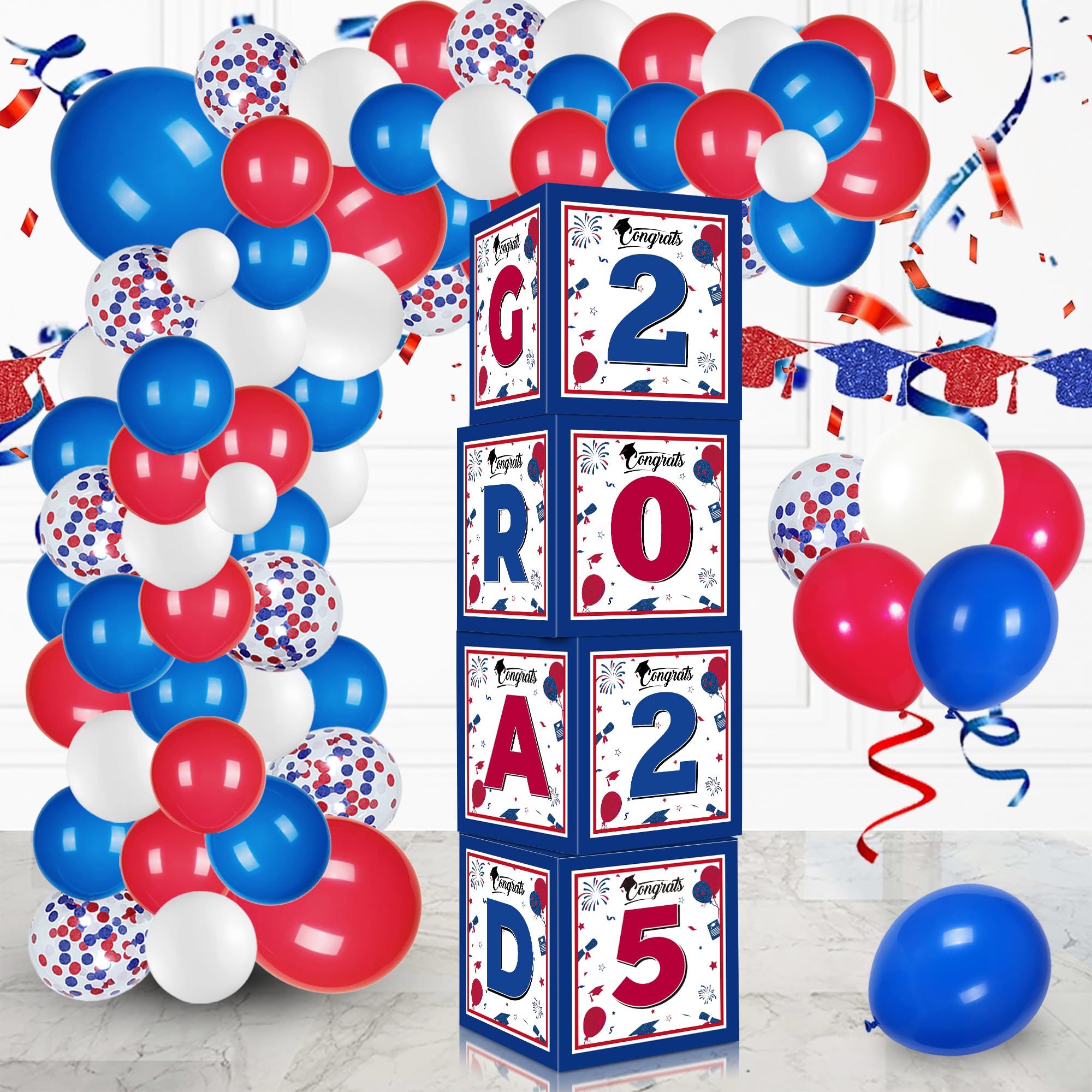 2025 Graduation Balloon Decorations - 4 Pcs Red & Blue Graduation Balloon Boxes for High School & College Graduation Party Supplies | Perfect for Class of 2025 Decor, Graduation Ceremony & Celebration Decorations